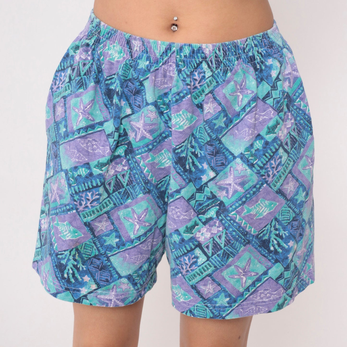 90s Tropical Fish Starfish Geometric Shorts High Waist Cotton Blue Purple Medium