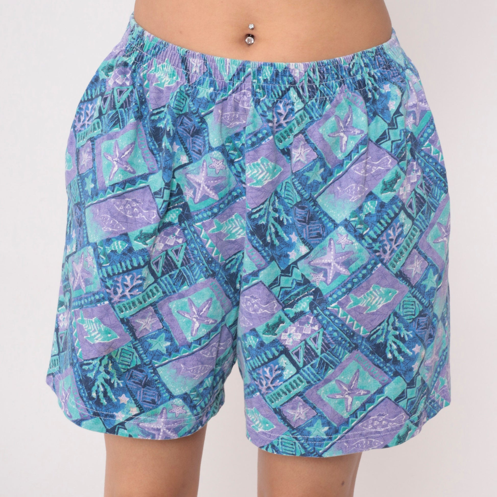 90s Tropical Fish Starfish Geometric Shorts High Waist Cotton Blue Purple Medium
