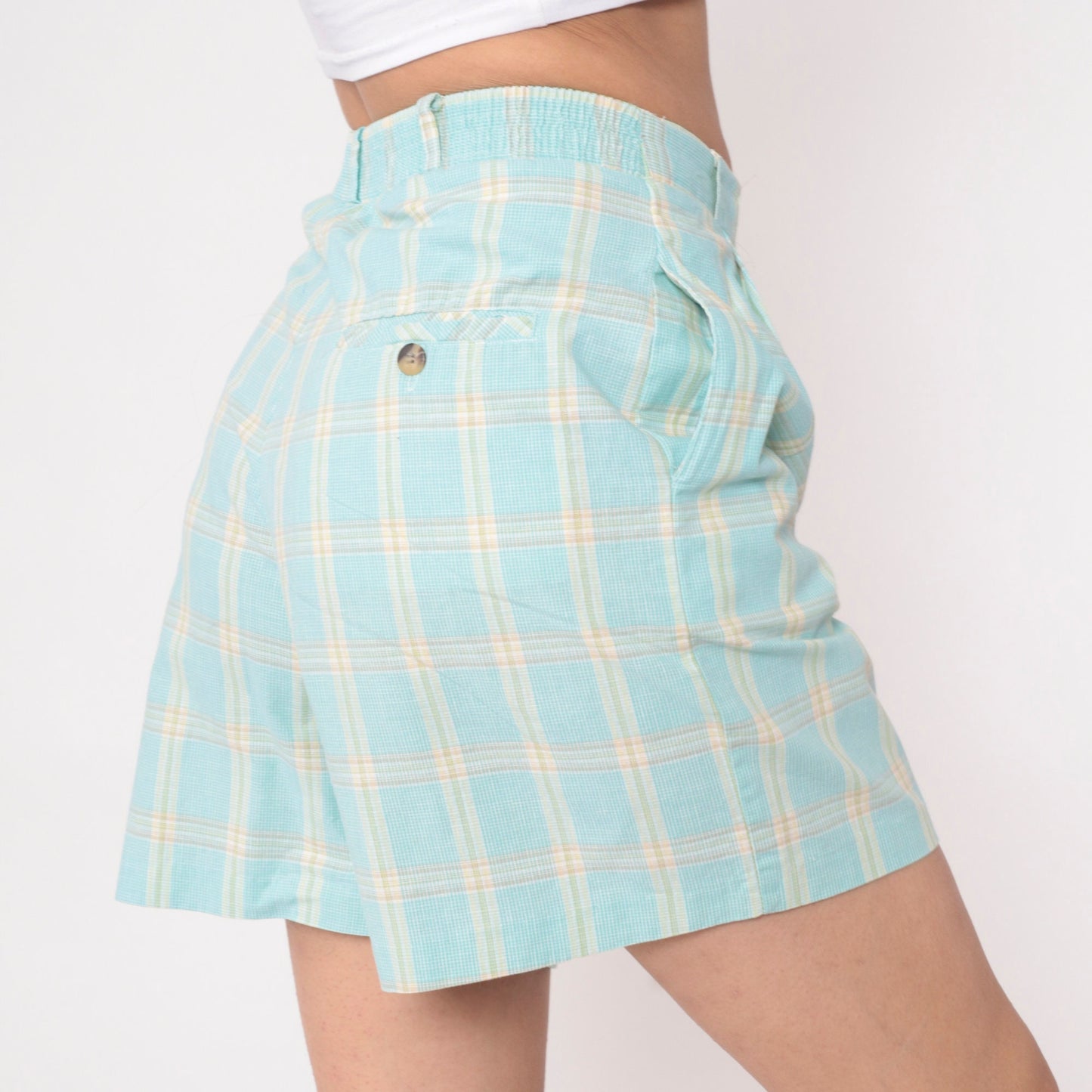 90s Plaid High-Waisted Shorts Aqua Blue Yellow Pleated Cotton Medium