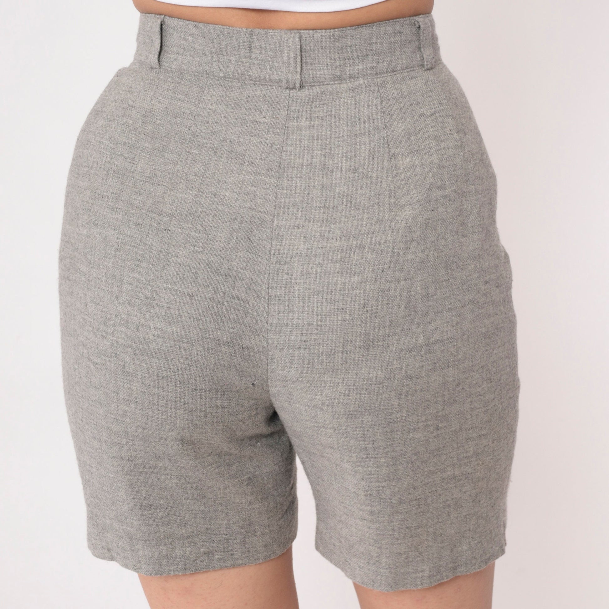 80s Heathered Grey Wool High-Waisted Shorts Welt Pockets Small 4