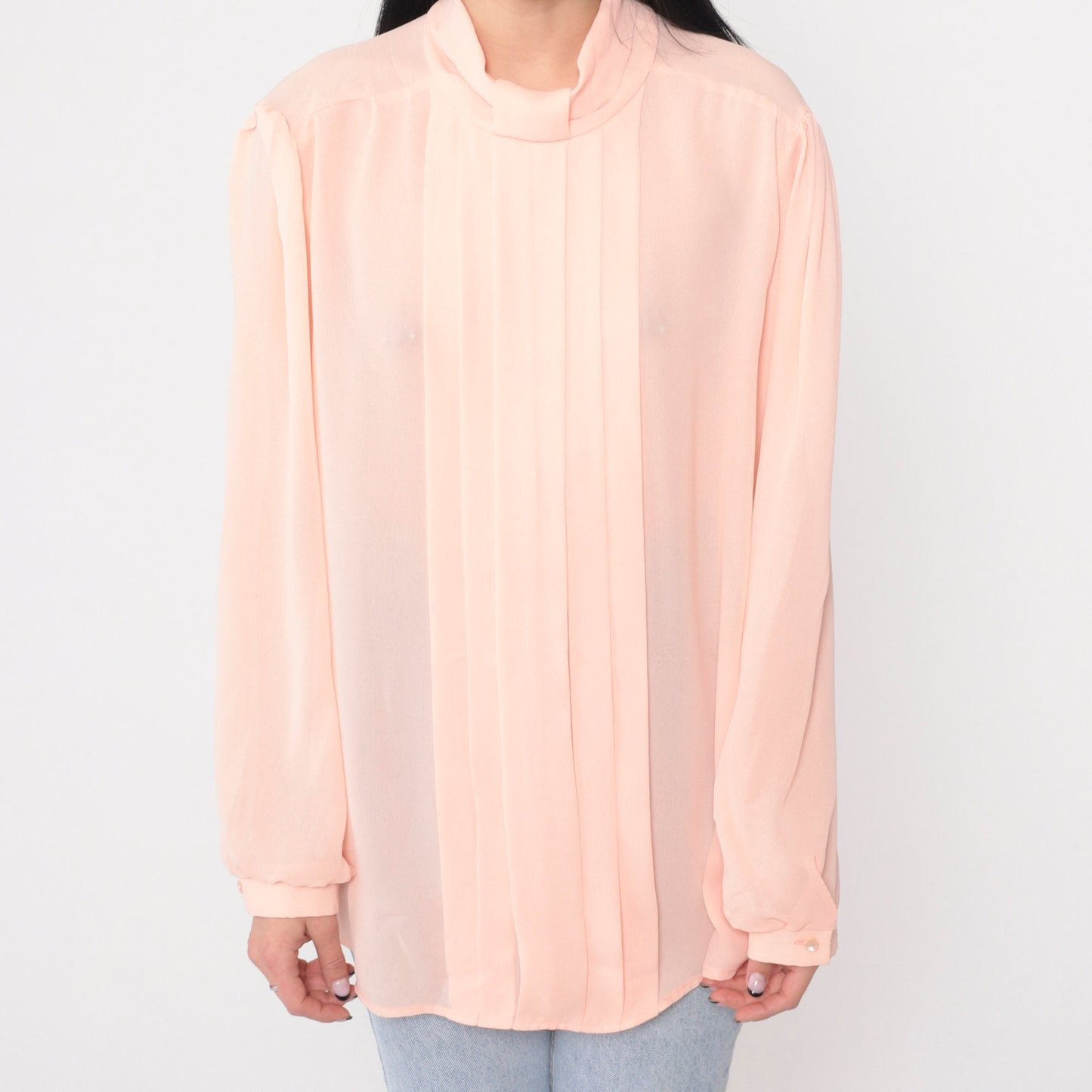 90s Pink Pleated Blouse Puff Sleeve Keyhole Back Semi-Sheer Large