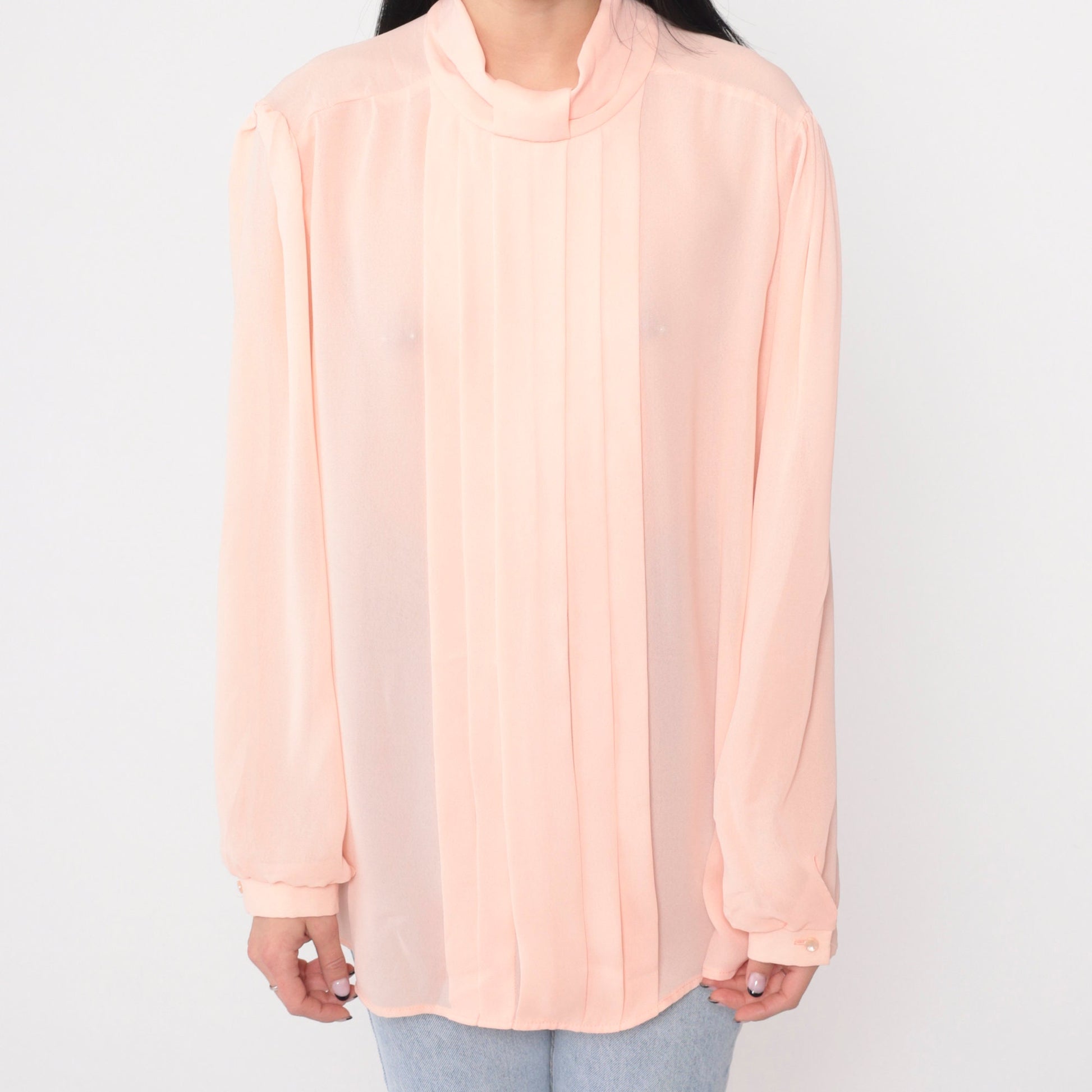 90s Pink Pleated Blouse Puff Sleeve Keyhole Back Semi-Sheer Large