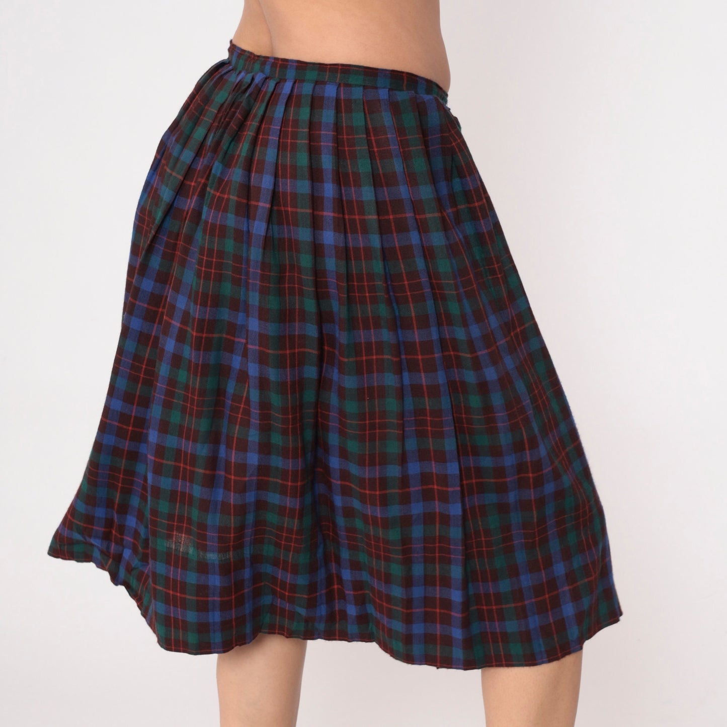80s Maroon Blue Green Plaid Midi Skirt High Waist Pleated Large