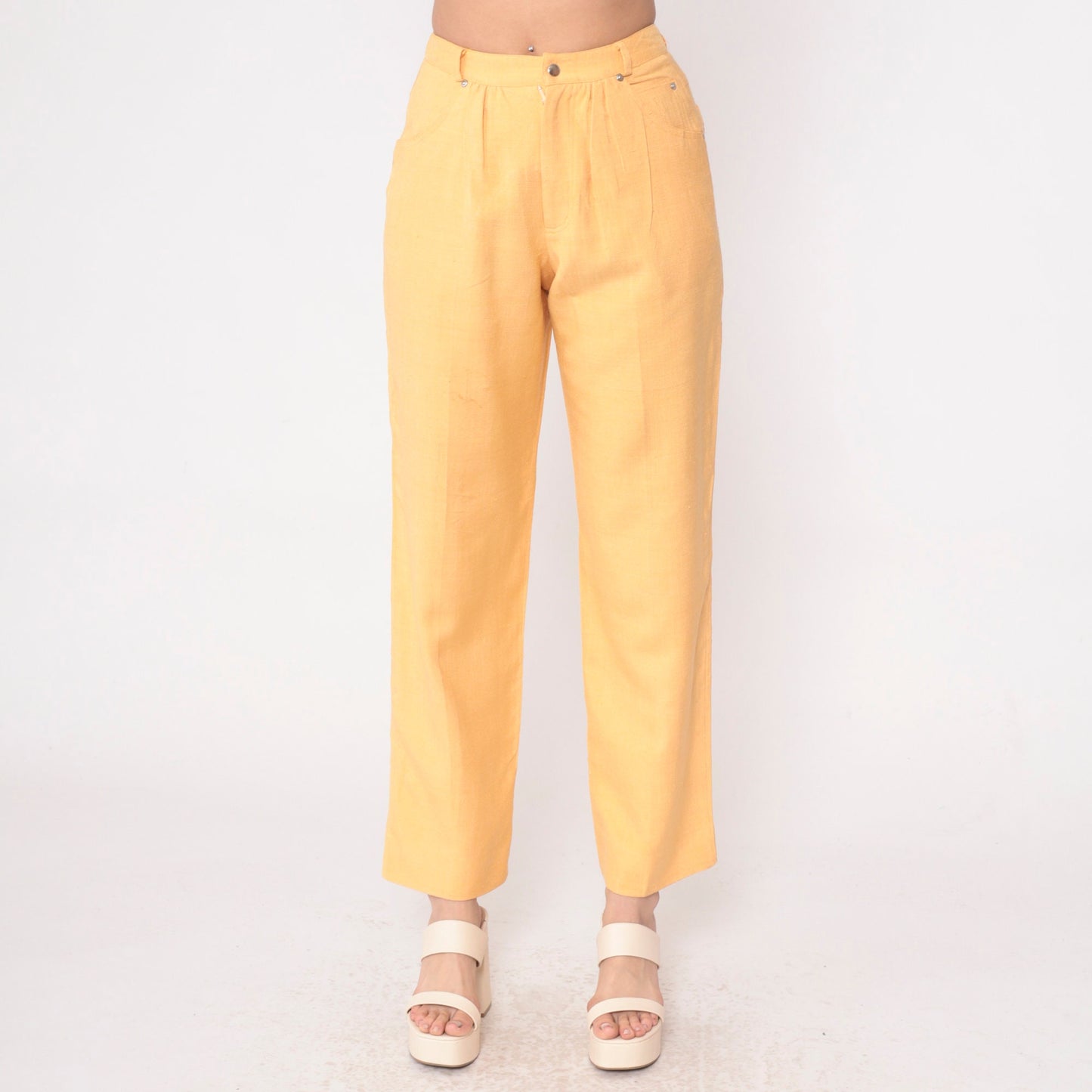 80s Carole Little Light Orange Silk Pleated High-Waist Trousers Small