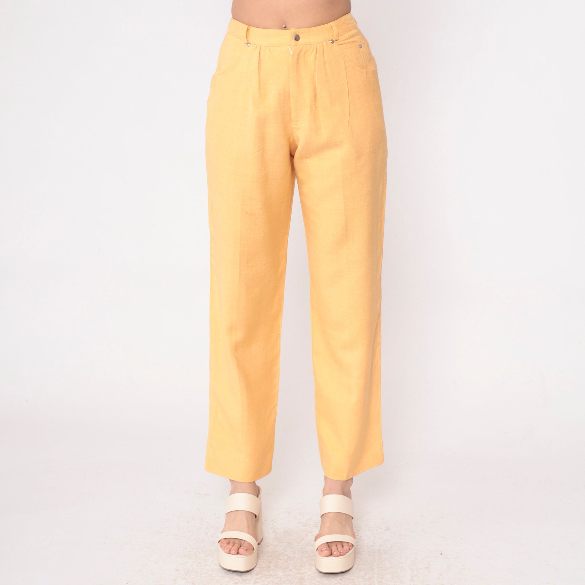80s Carole Little Light Orange Silk Pleated High-Waist Trousers Small