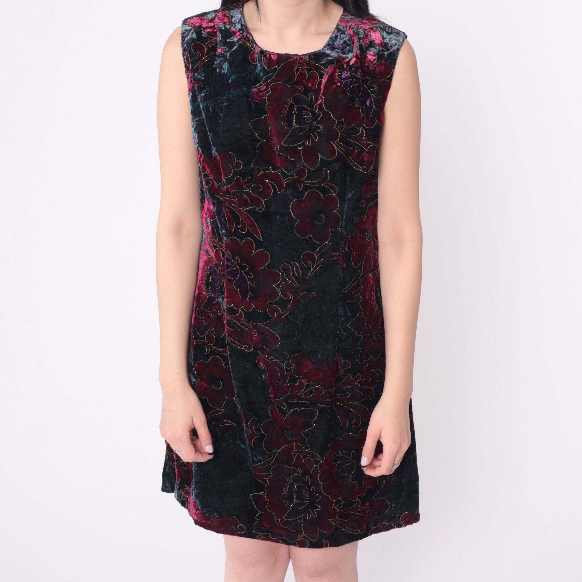 90s Velvet Floral Metallic Mini Dress Sleeveless Shift Jewel Tone Medium