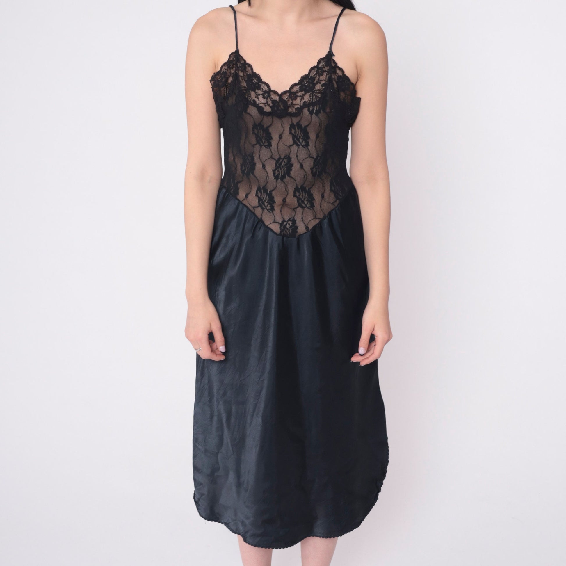 80s Black Sheer Lace Slip Dress Basque Waist V Back Midi Lingerie Medium