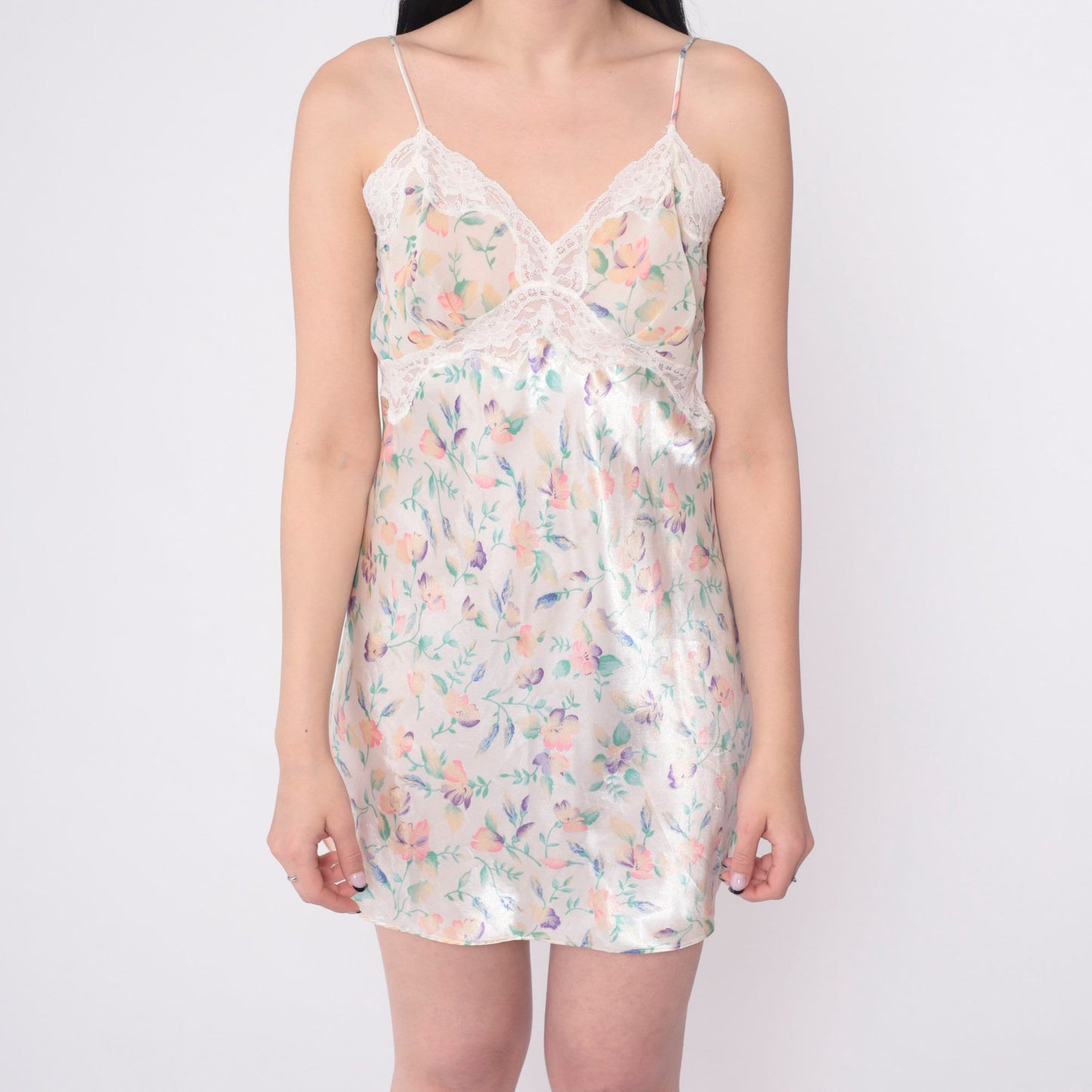 90s Victoria's Secret White Floral Satin Slip Dress Empire Waist Small