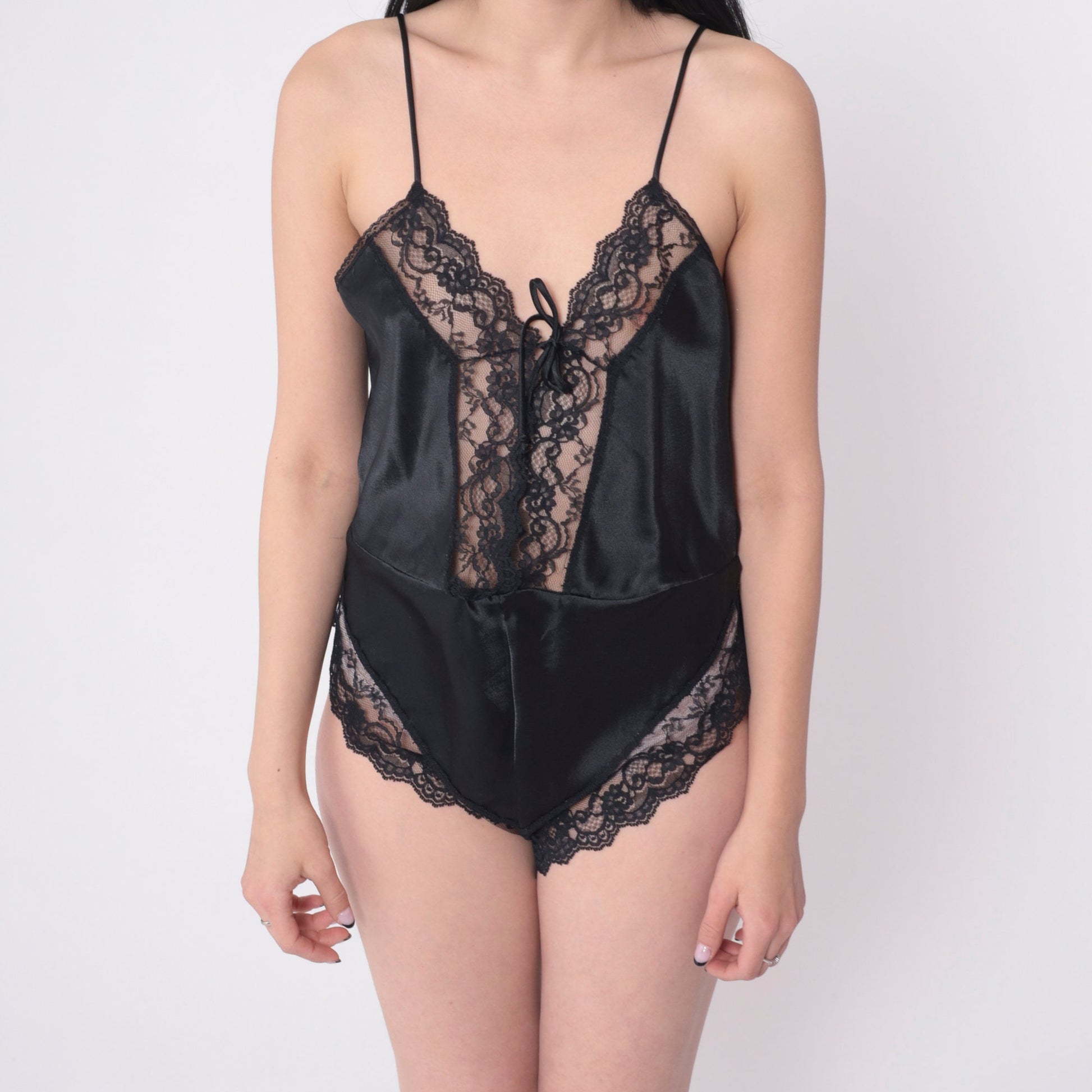 80s Black Lace Teddy Lingerie Spaghetti Strap V-Neck Bodysuit Small