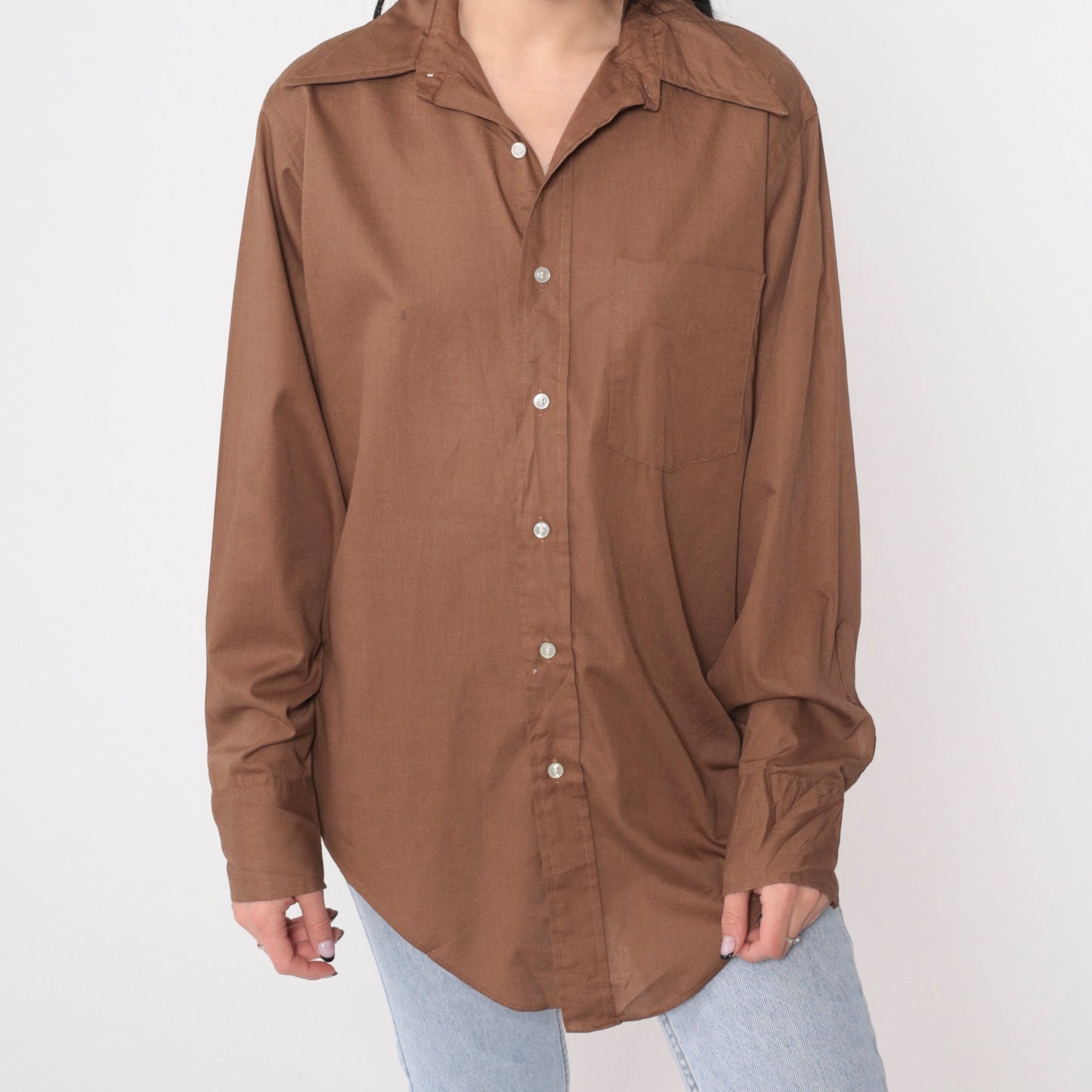 70s Cocoa Brown Wing Collar Button-Up Shirt Long Sleeve Mens Medium