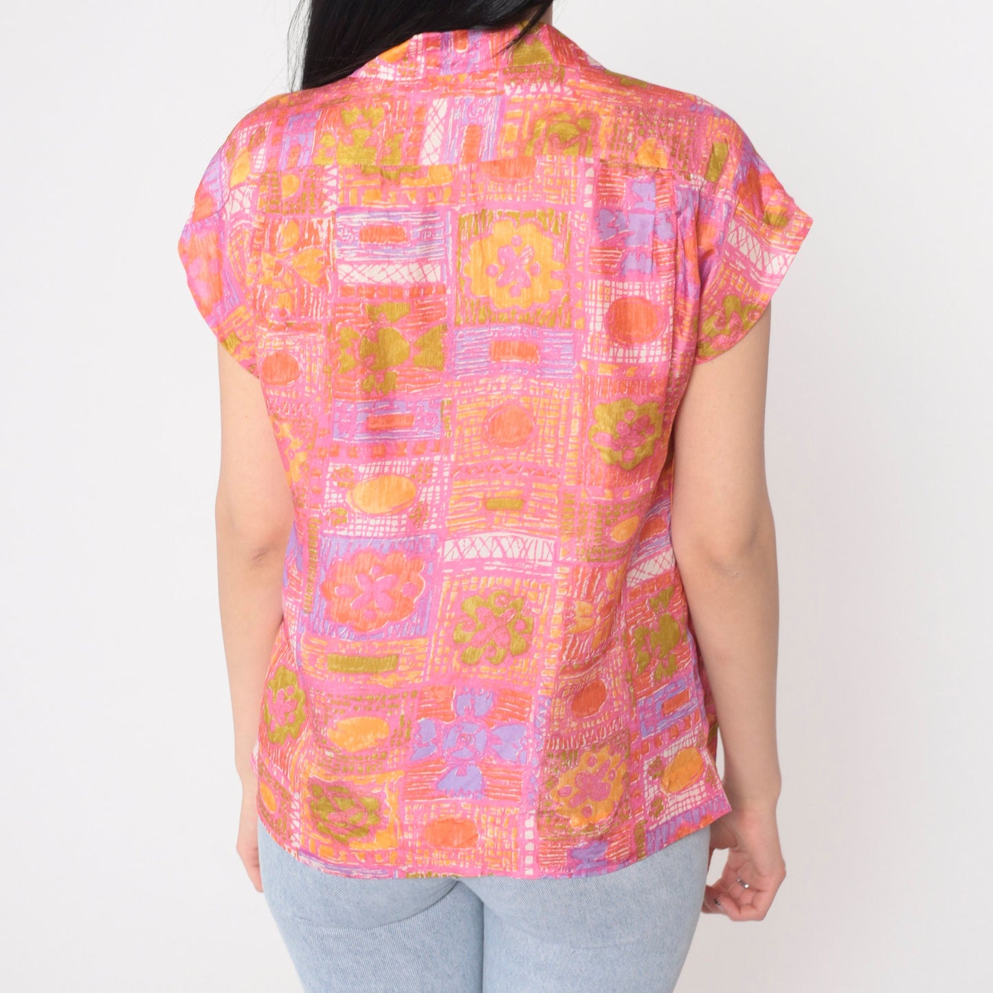 70s Abstract Floral Silk Blouse Pink Orange Cap Sleeve Button Up Large