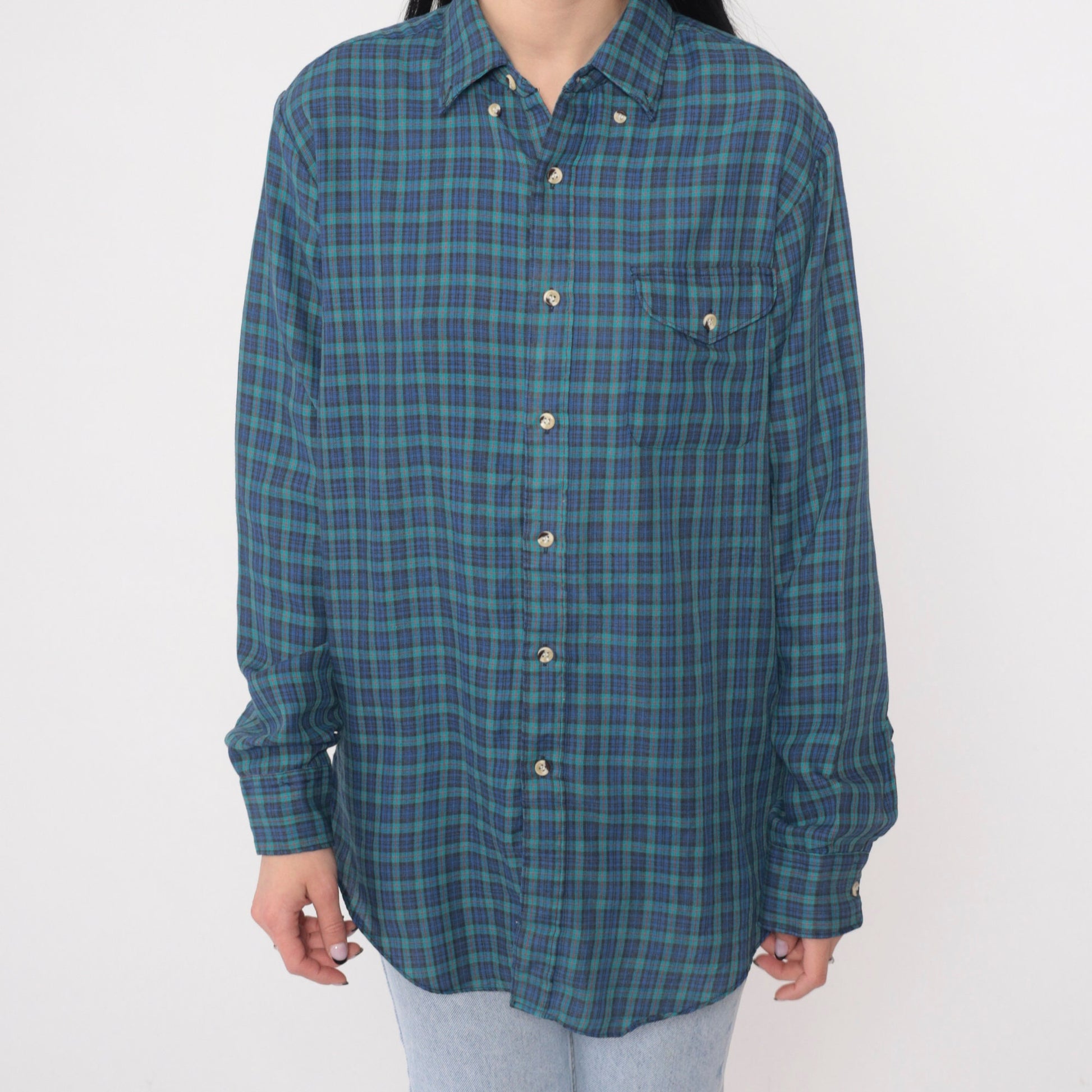 90s Chevalier Royale Flannel Shirt Blue Green Plaid Button-Up Medium