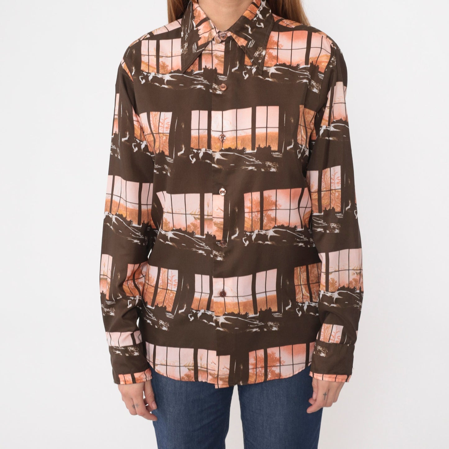 70s Disco Shirt Brown Art Print Button Up Dagger Collar Long Sleeve Medium