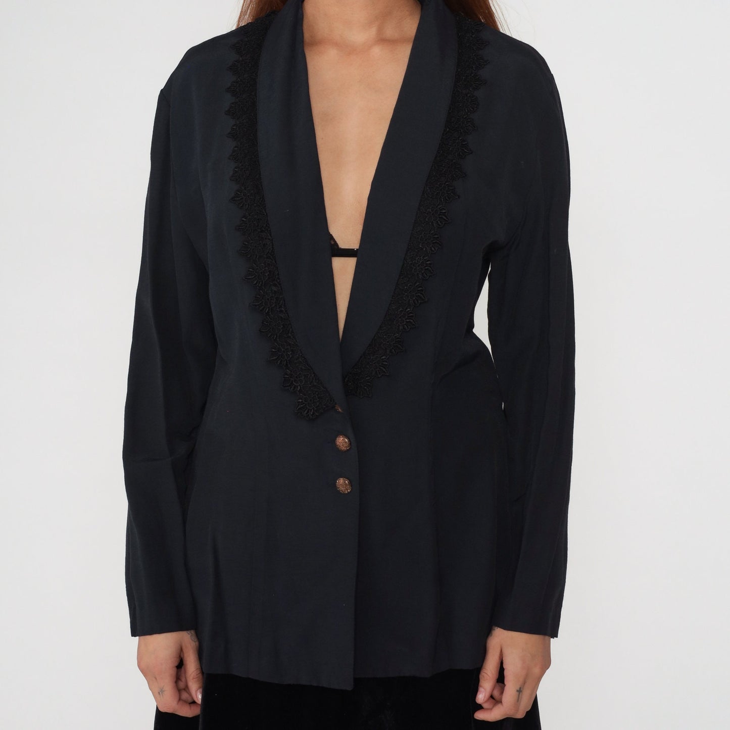 90s Black Blazer Jacket Lace Trim Deep V Neck Button Up Medium M