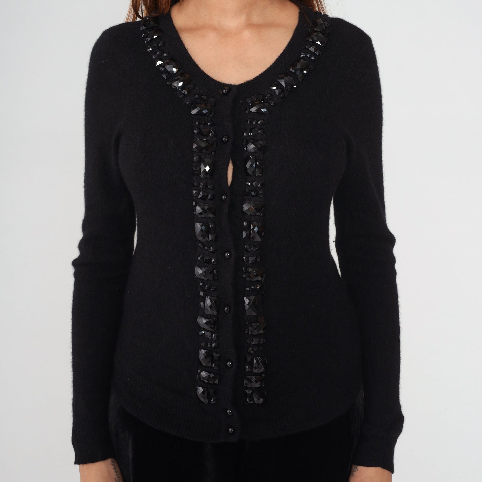 Y2K Black Cashmere Cardigan Rhinestone Beaded Button-Up Sweater Medium M