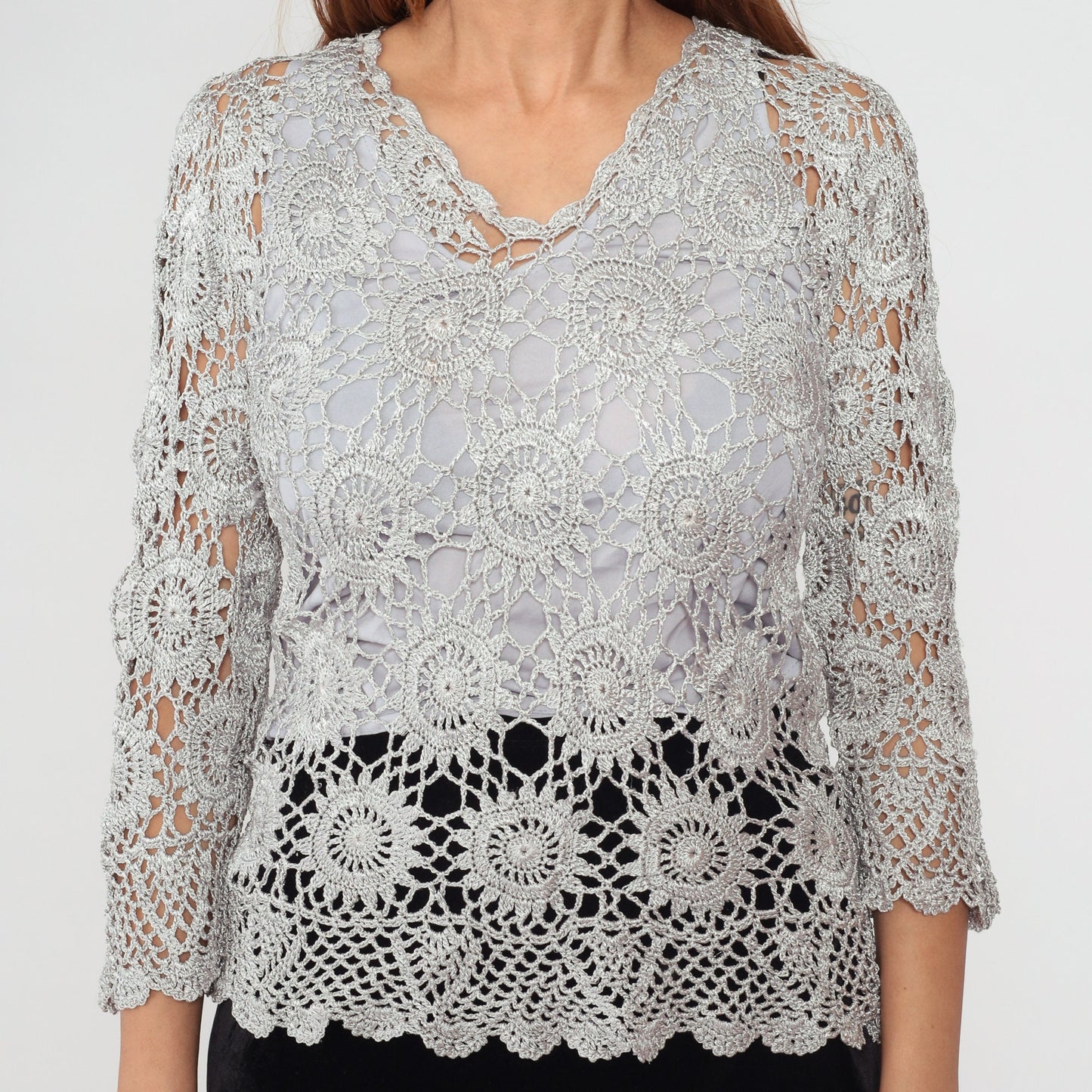 90s Grey Crochet Sun Design Pullover Blouse 3/4 Sleeve Medium M