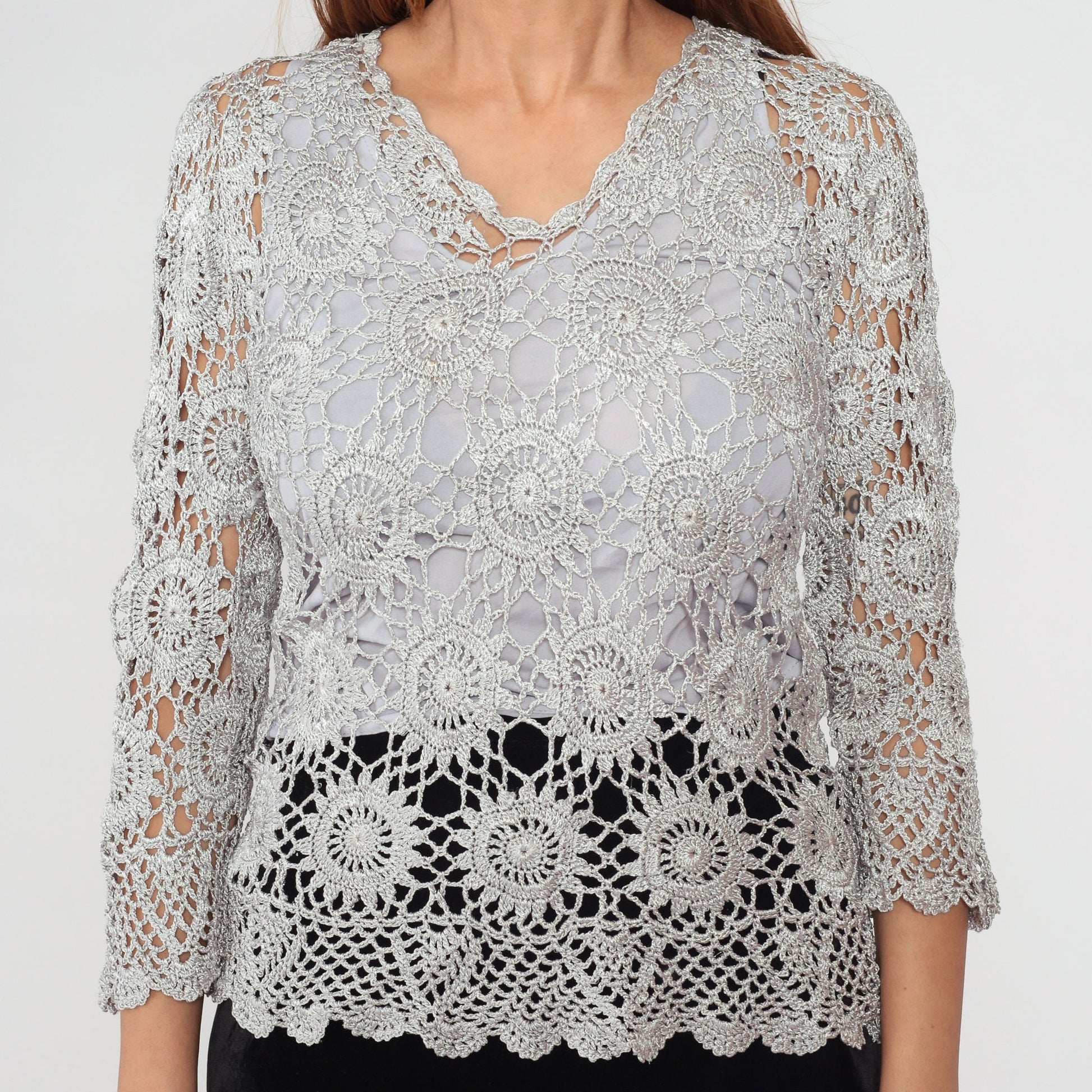 90s Grey Crochet Sun Design Pullover Blouse 3/4 Sleeve Medium M