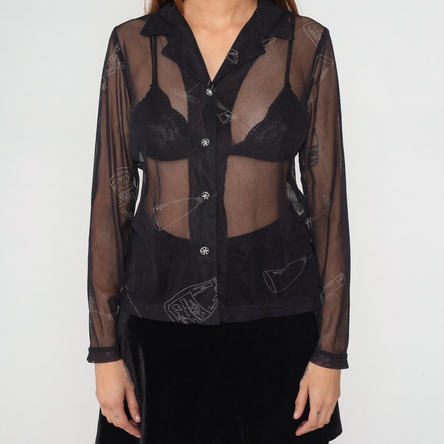 Y2K Black Mesh Blouse Champagne Bottle Glass Print Button-Up Long Sleeve Small S