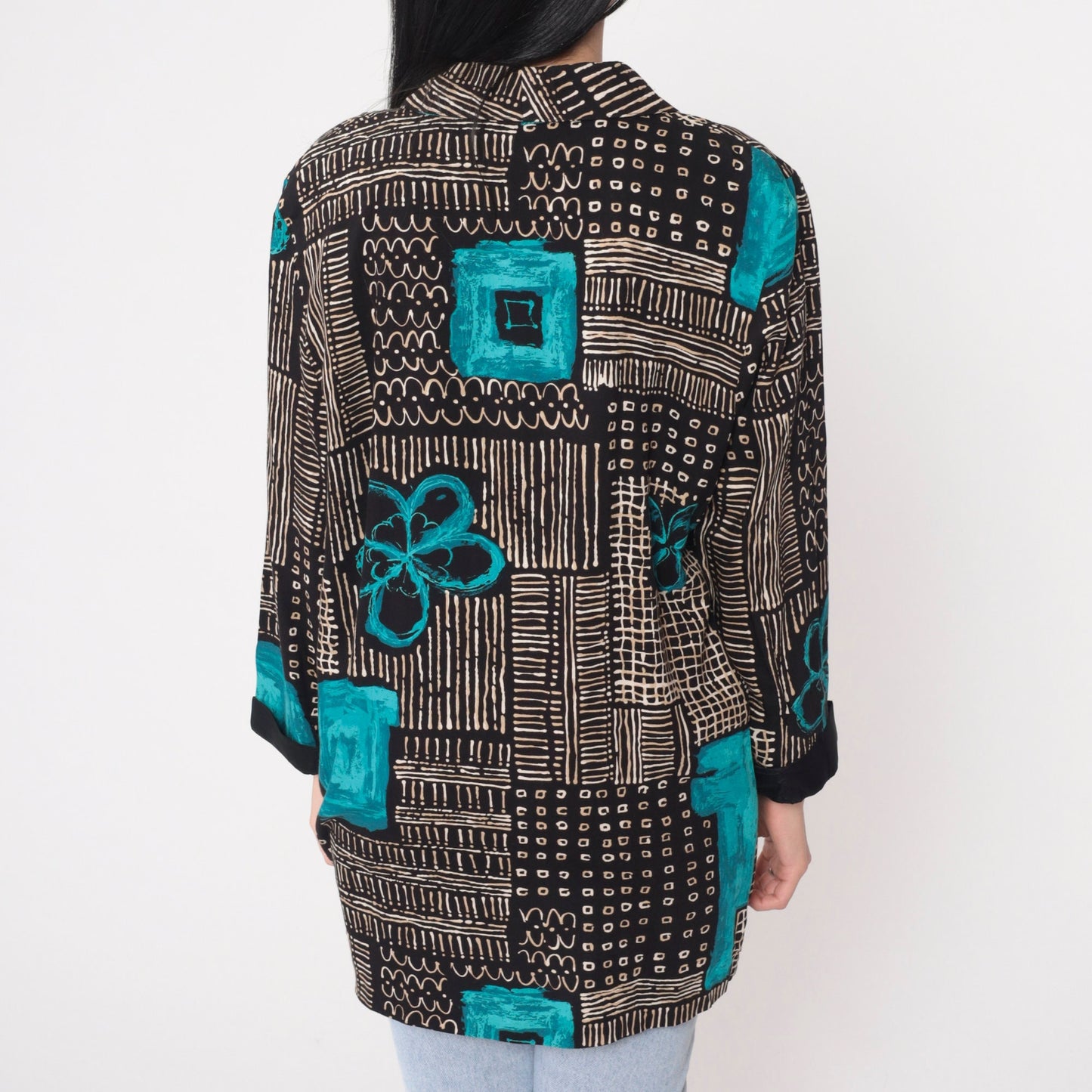 90s Kensington Square Blazer Black White Abstract Floral Print Blue Flowers Large L