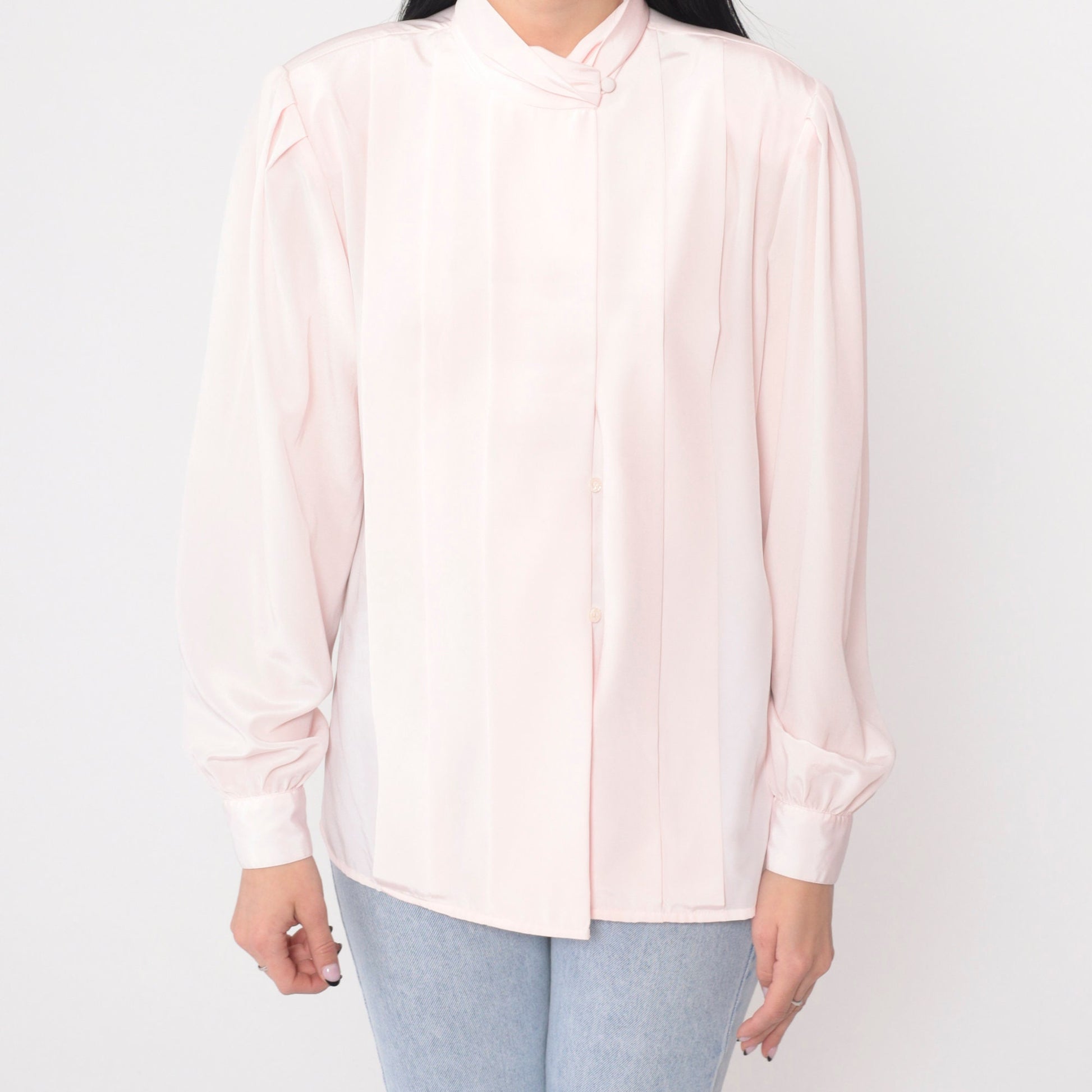 80s Baby Pink Pleated Blouse Puff Sleeve Button-Up Small