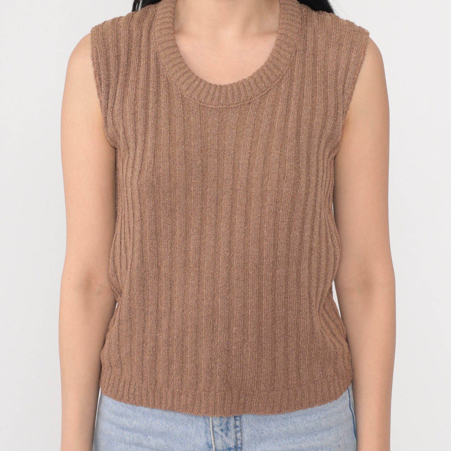 80s Cocoa Brown Ribbed Knit Sweater Vest Scoop Neck Pullover Medium M