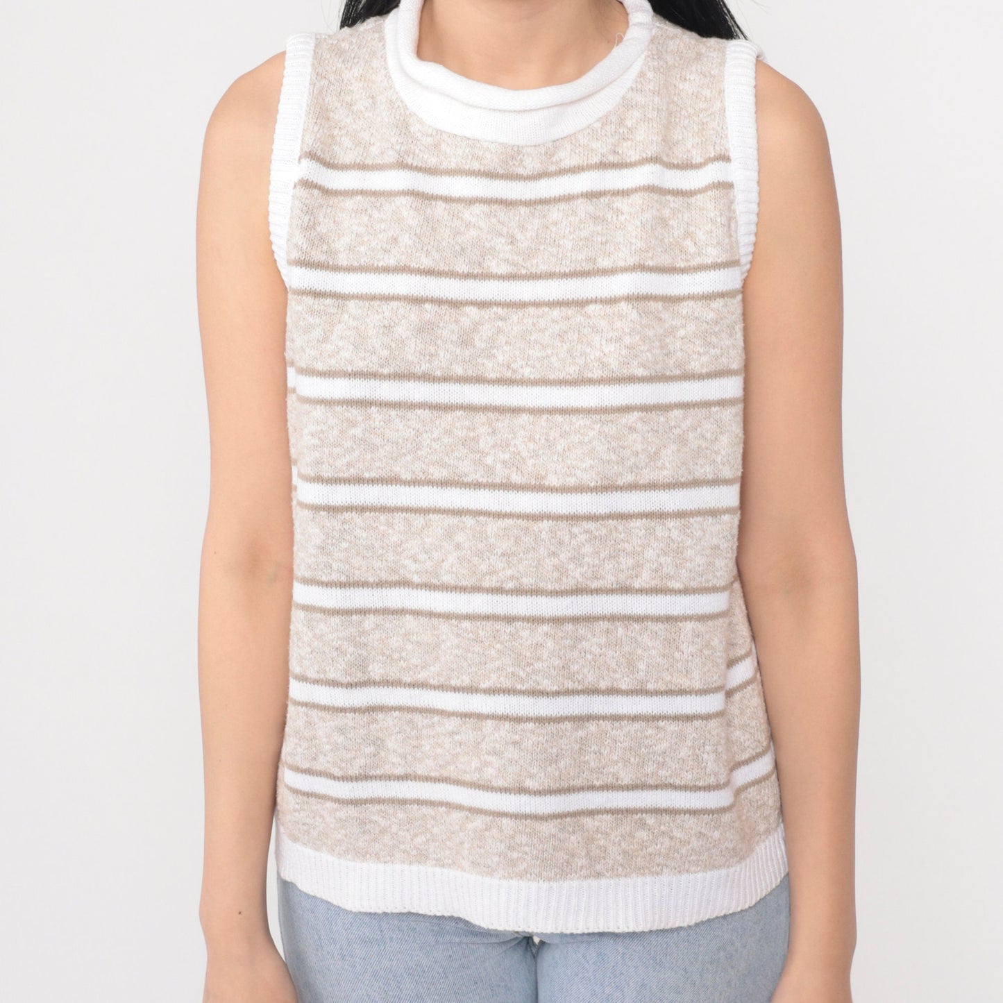 80s Striped Knit Sweater Vest Tan White Mock Neck Pullover Medium