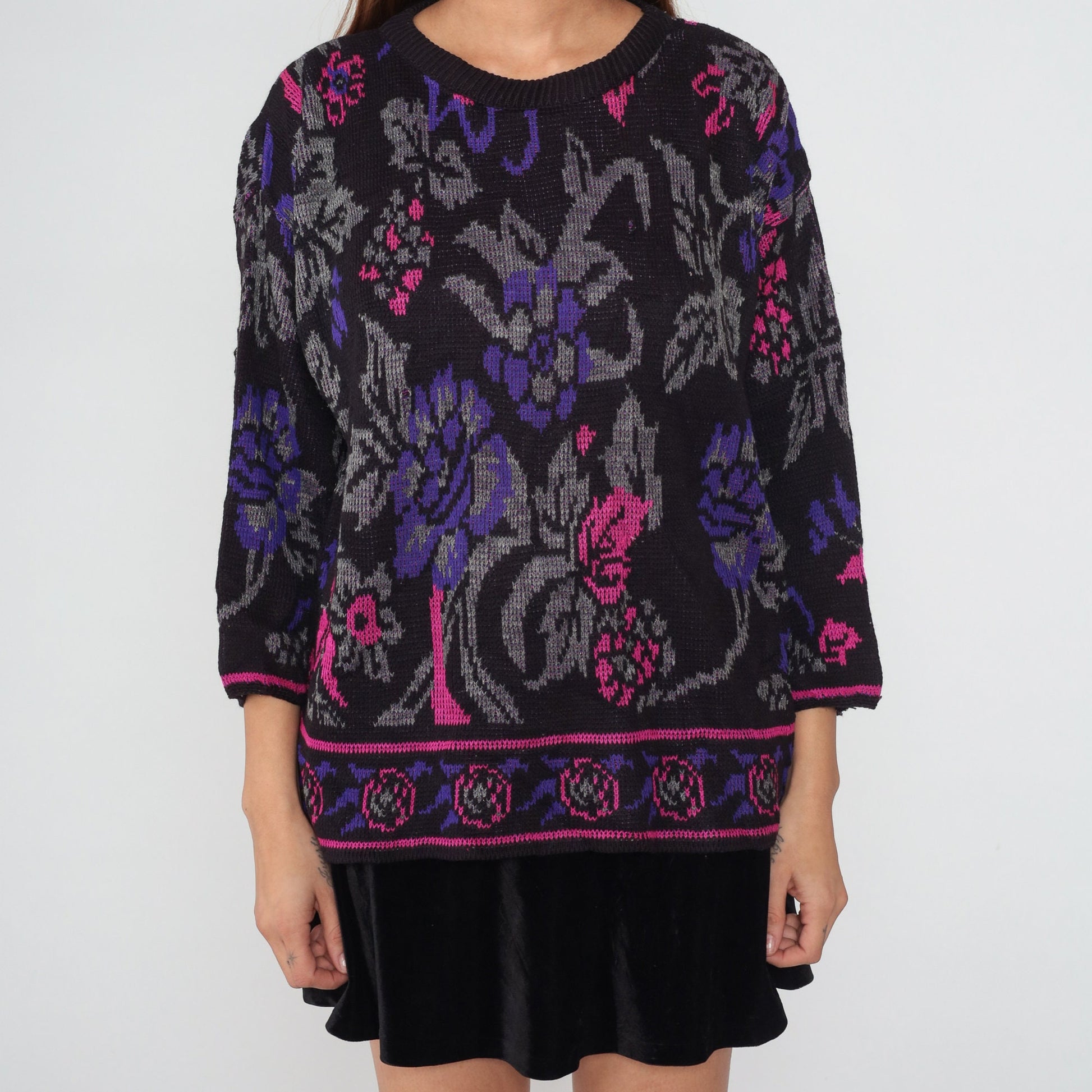 80s Black Floral Knit Sweater Pink Purple Rose All-Over Print Large L