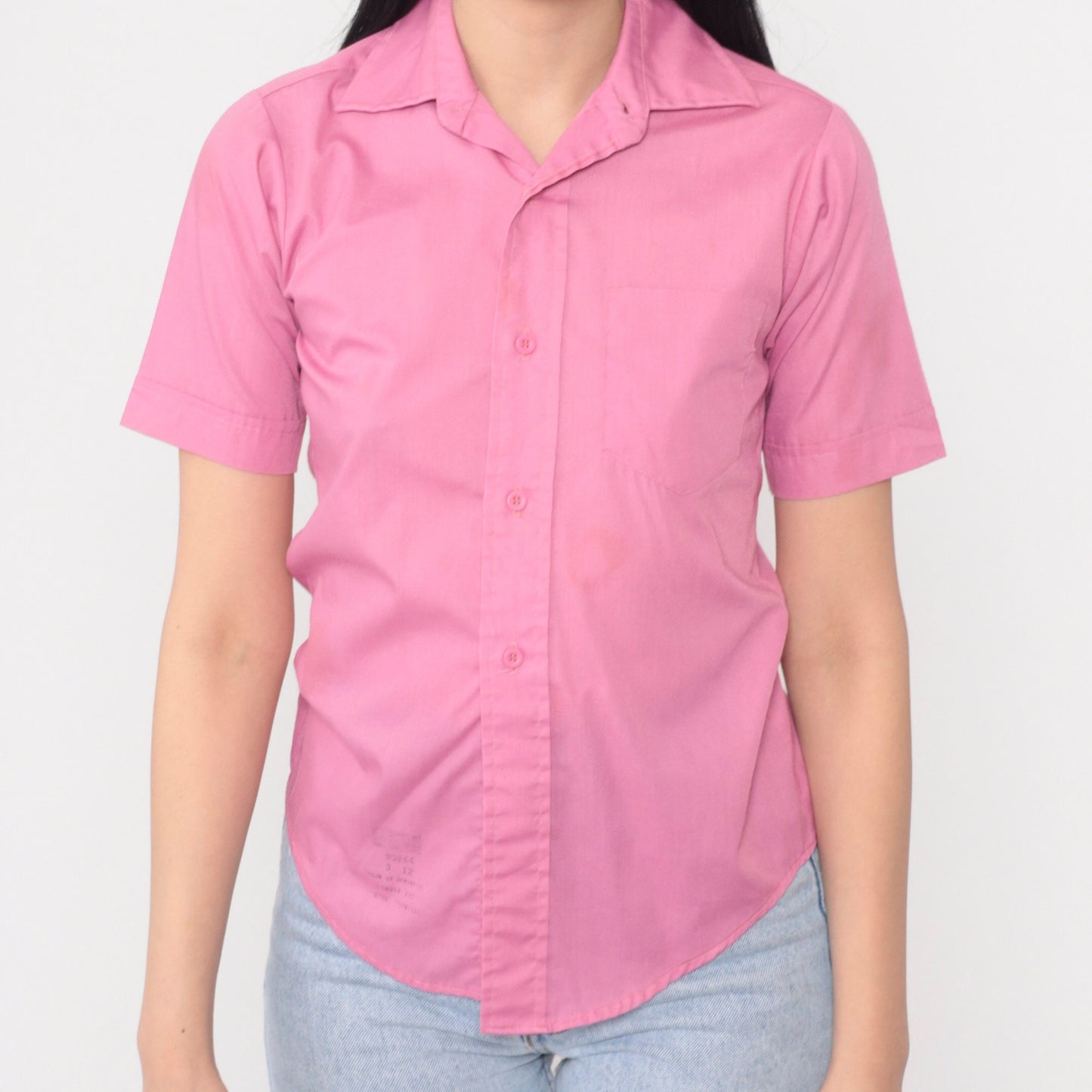 70s Pink Button-Up Shirt Short Sleeve Collared Chest Pocket Extra Small