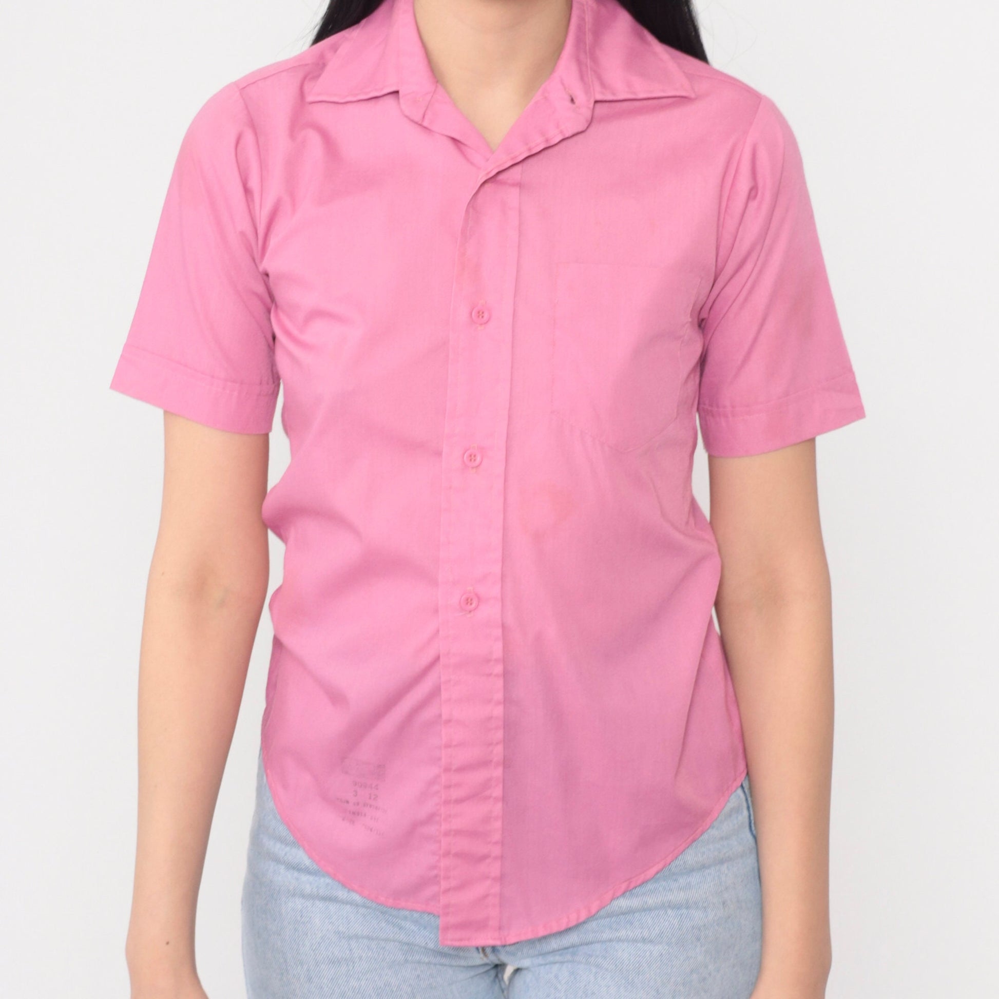70s Pink Button-Up Shirt Short Sleeve Collared Chest Pocket Extra Small