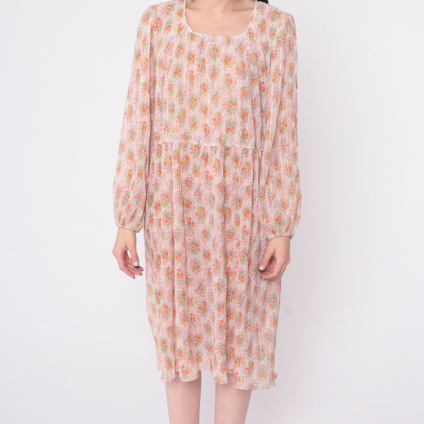 70s Floral Midi Dress High Waist Knife Pleated Puff Sleeve Green Blue Medium