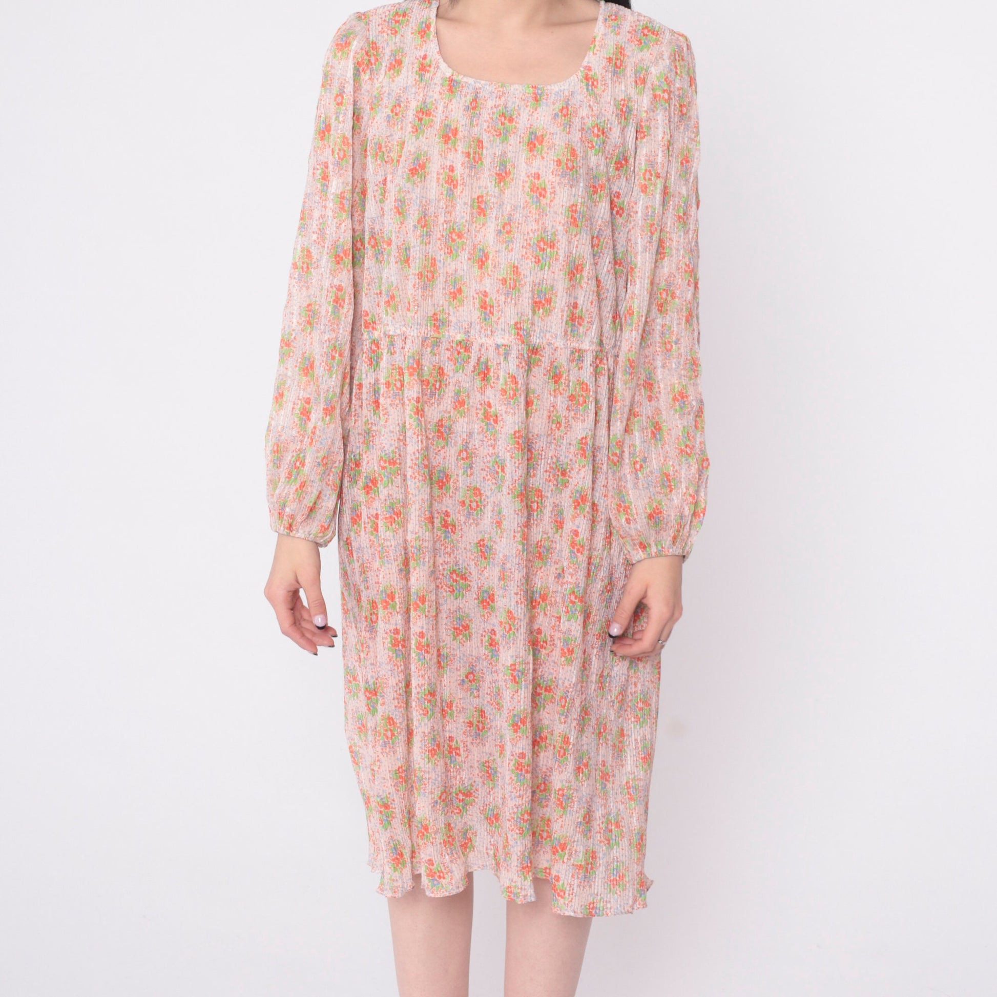 70s Floral Midi Dress High Waist Knife Pleated Puff Sleeve Green Blue Medium