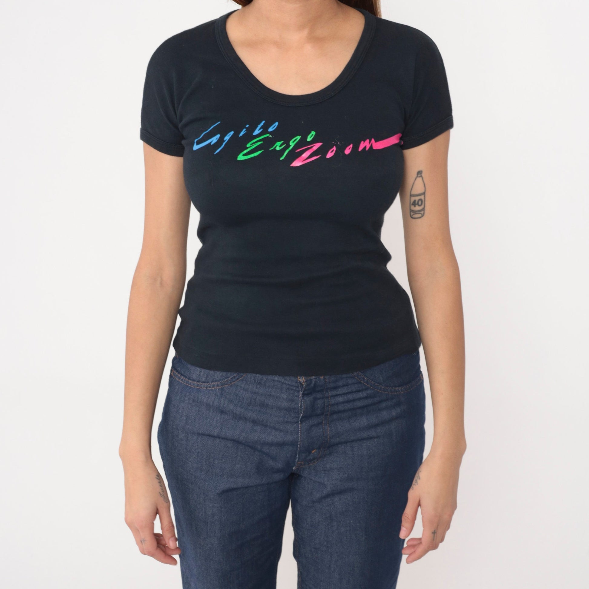 80s Cogito Ergo Zoom Black Graphic T-Shirt Cotton Single Stitch Small