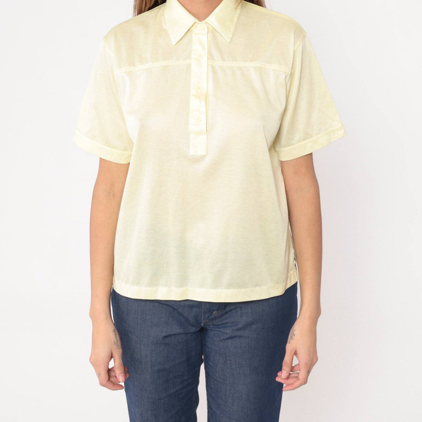 80s Yellow Polo Shirt Light Pastel Button-Up Collared Tee Medium