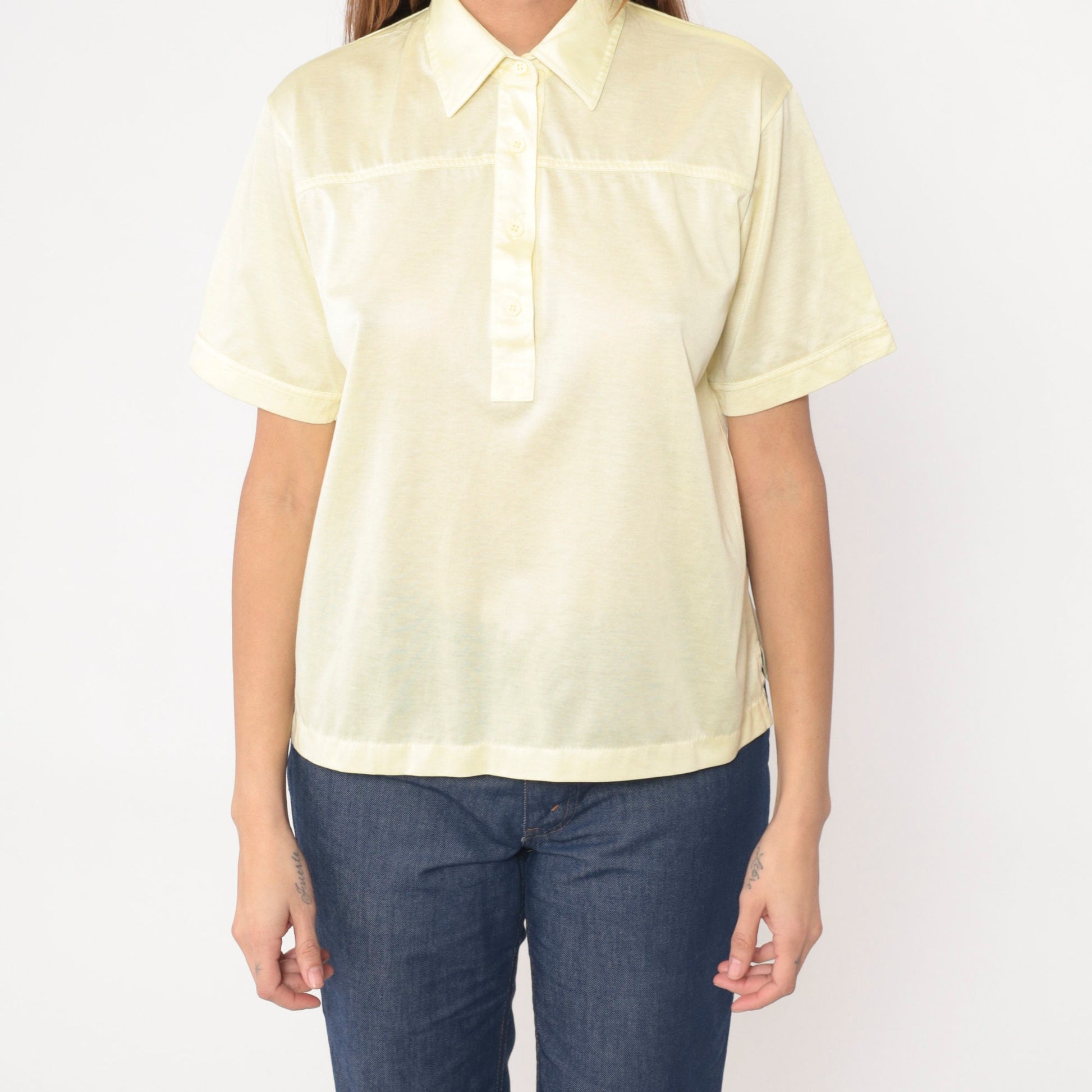 80s Yellow Polo Shirt Light Pastel Button-Up Collared Tee Medium