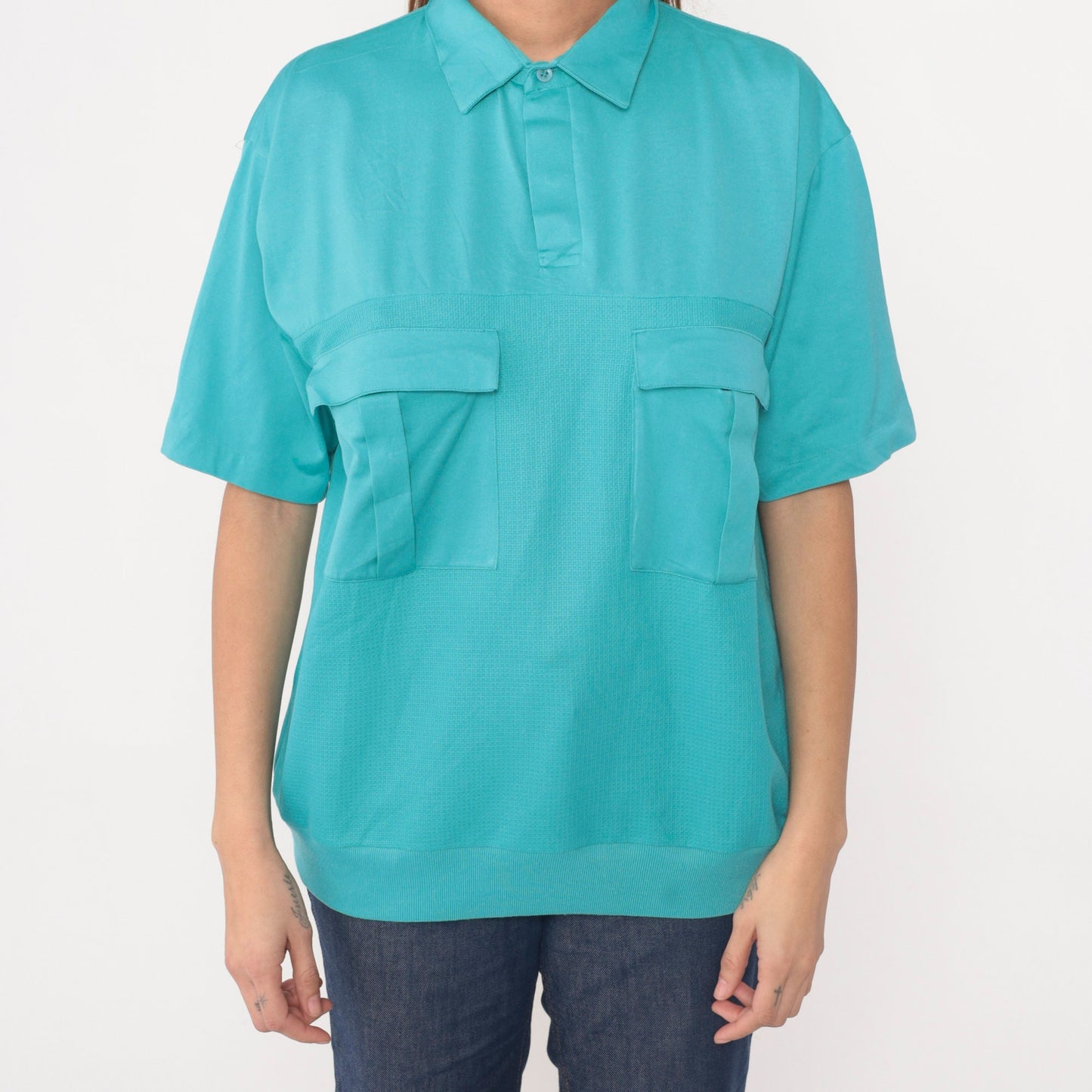 80s Turquoise Polo Shirt Cotton Blend Chest Pocket Banded Hem Extra Large XL