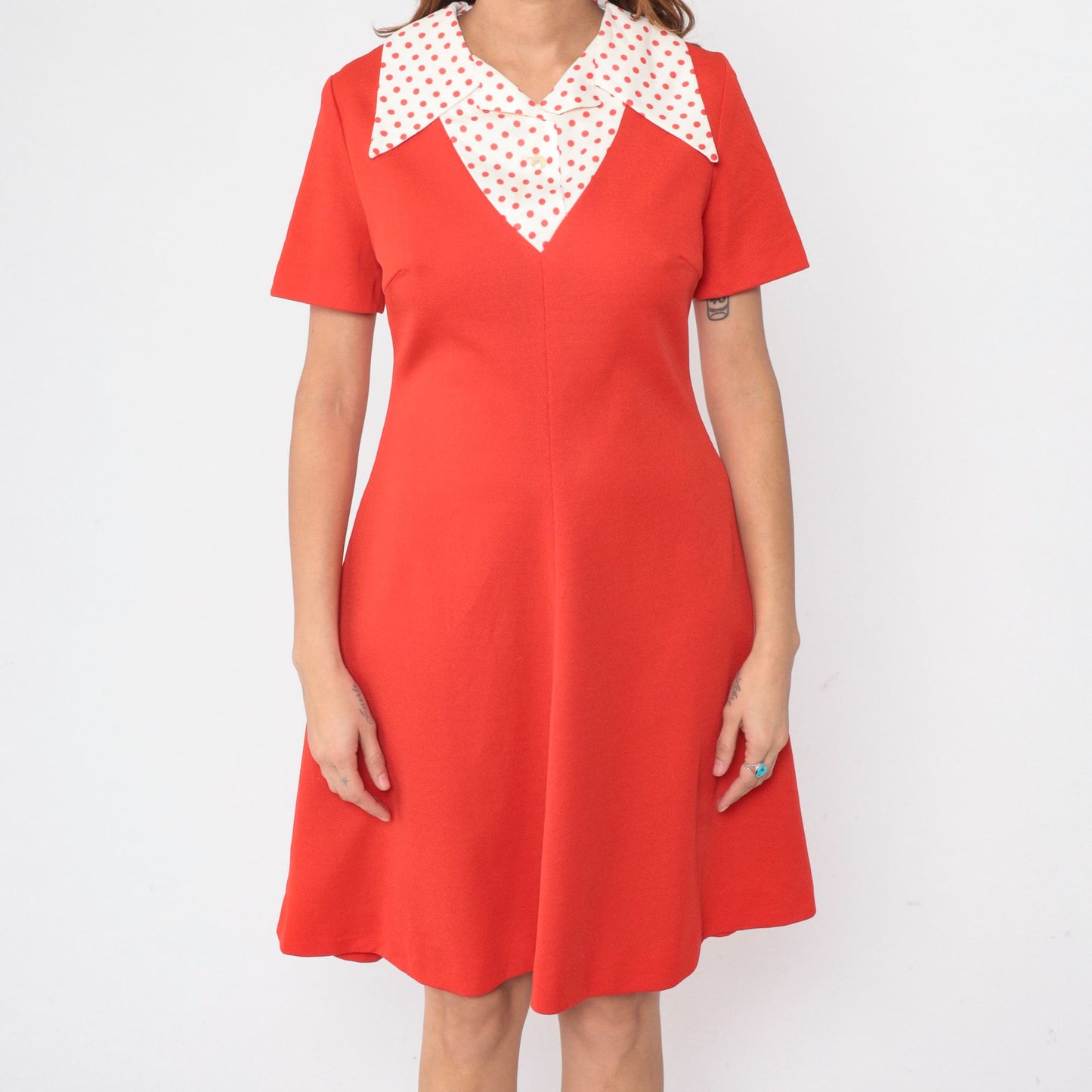 70s Red Shift Dress Polka Dot Collar Mini Short Sleeve Medium 8