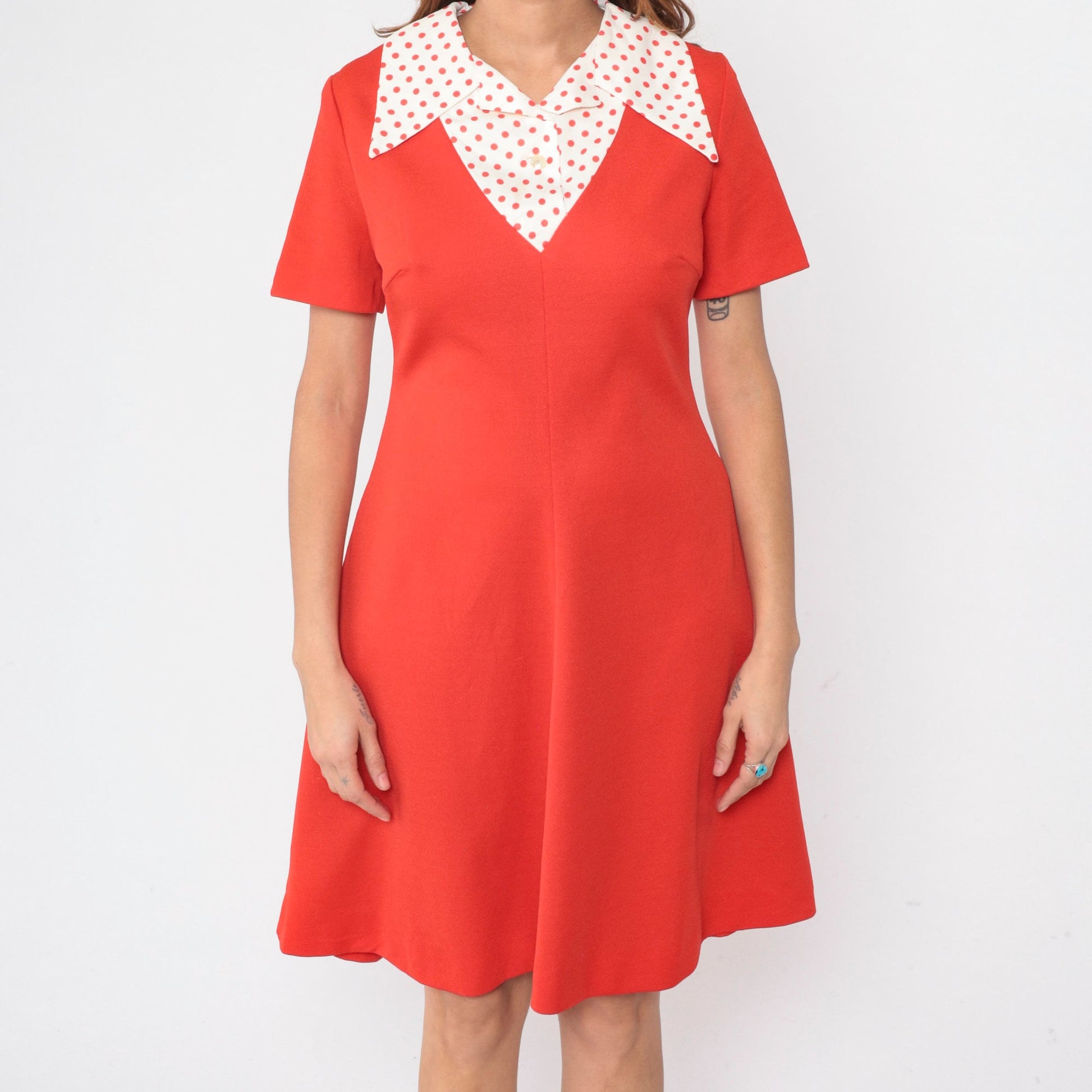 70s Red Shift Dress Polka Dot Collar Mini Short Sleeve Medium 8