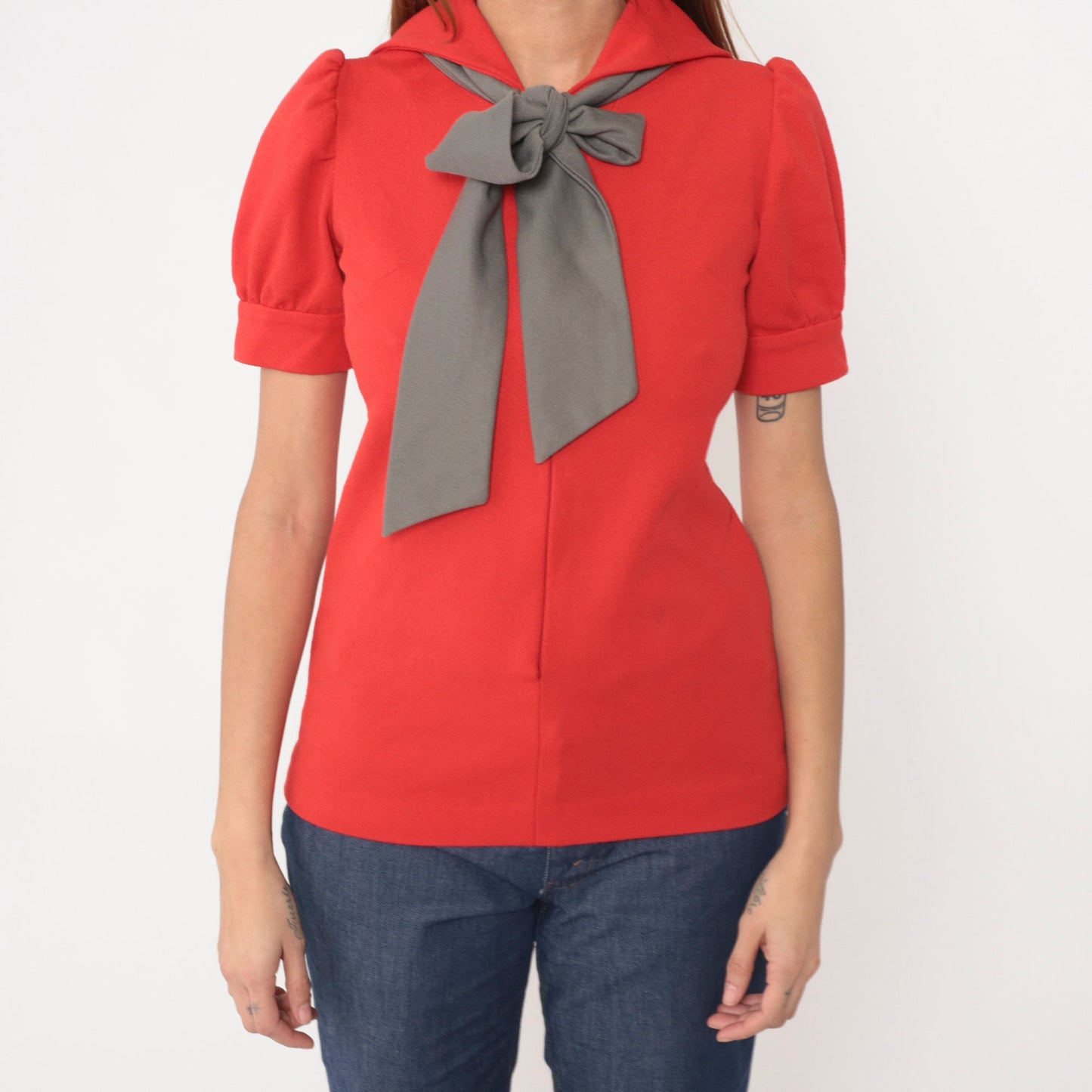 70s Red Sailor Collar Blouse Grey Ascot Puff Sleeve Front Zip Small