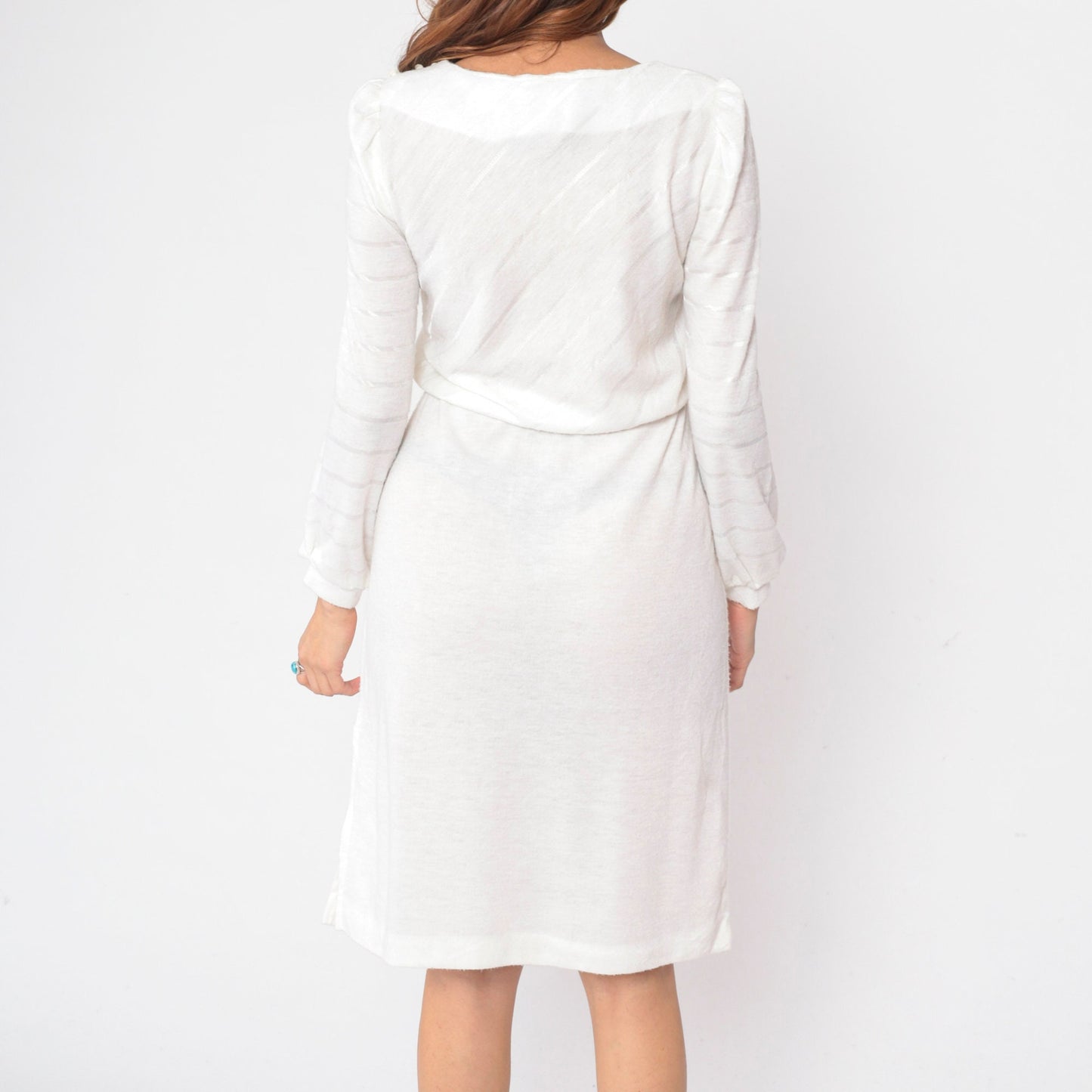 80s White Diagonal Striped Midi Dress Puff Sleeve High Waist Small