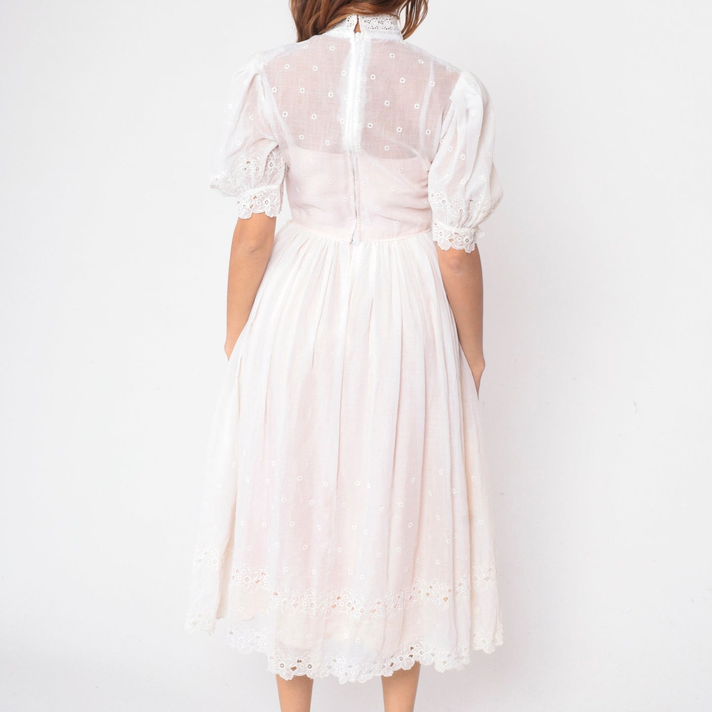 60s White Eyelet Dress Floral Embroidered Puff Sleeve High Waist Midi Small