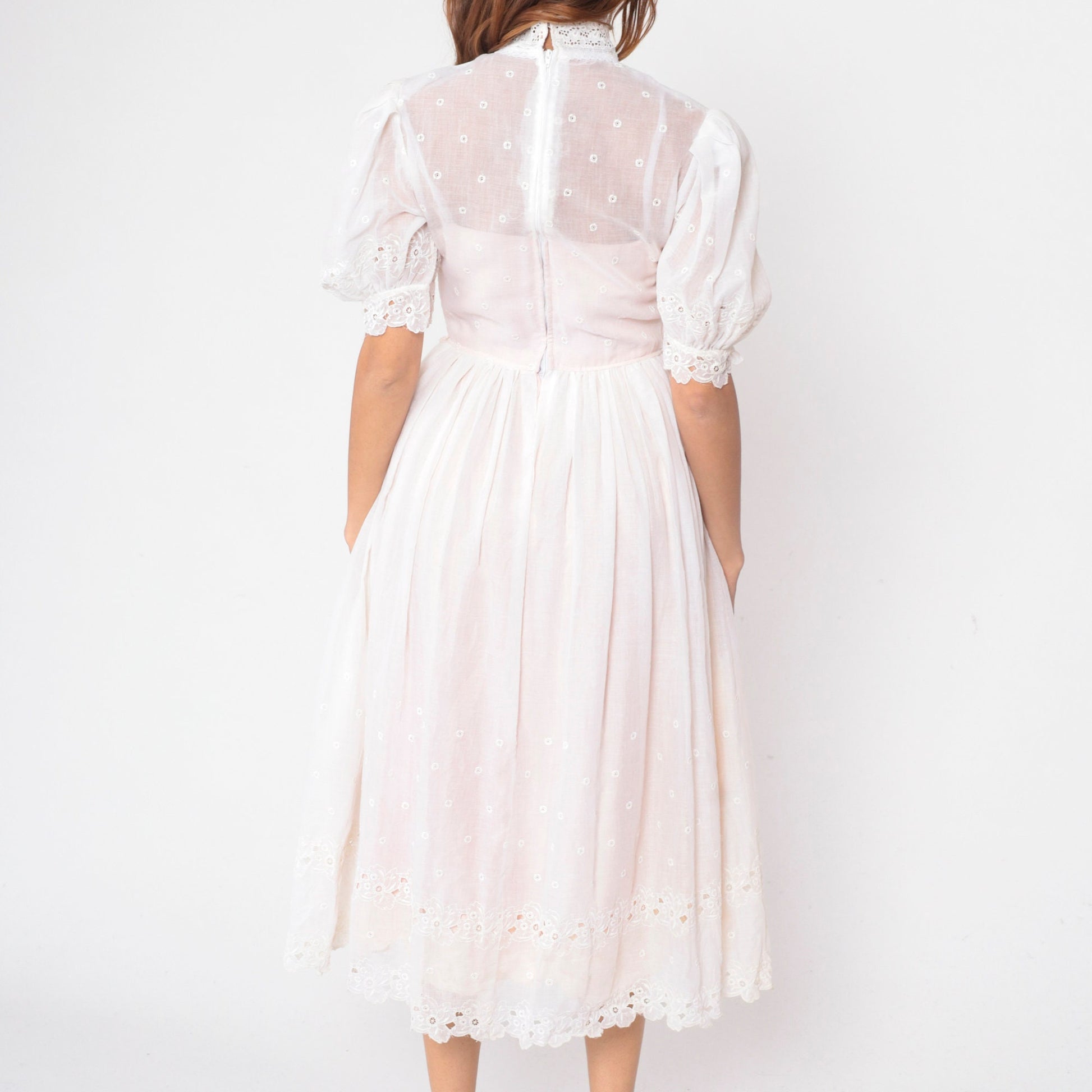 60s White Eyelet Dress Floral Embroidered Puff Sleeve High Waist Midi Small
