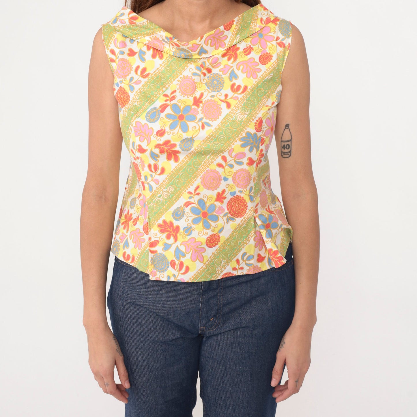 60s Floral Heart Tank Top Button Back Boatneck Cotton Sleeveless Extra Small