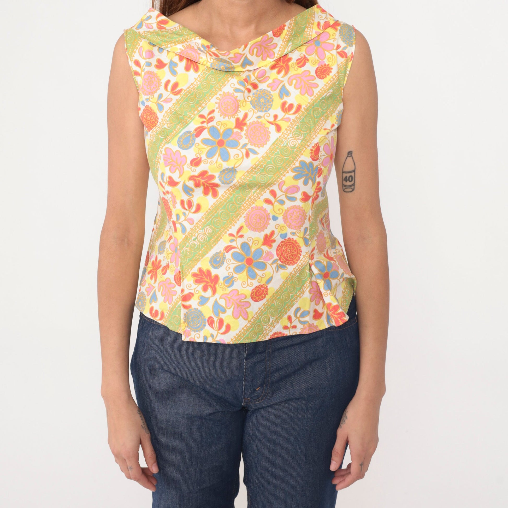 60s Floral Heart Tank Top Button Back Boatneck Cotton Sleeveless Extra Small