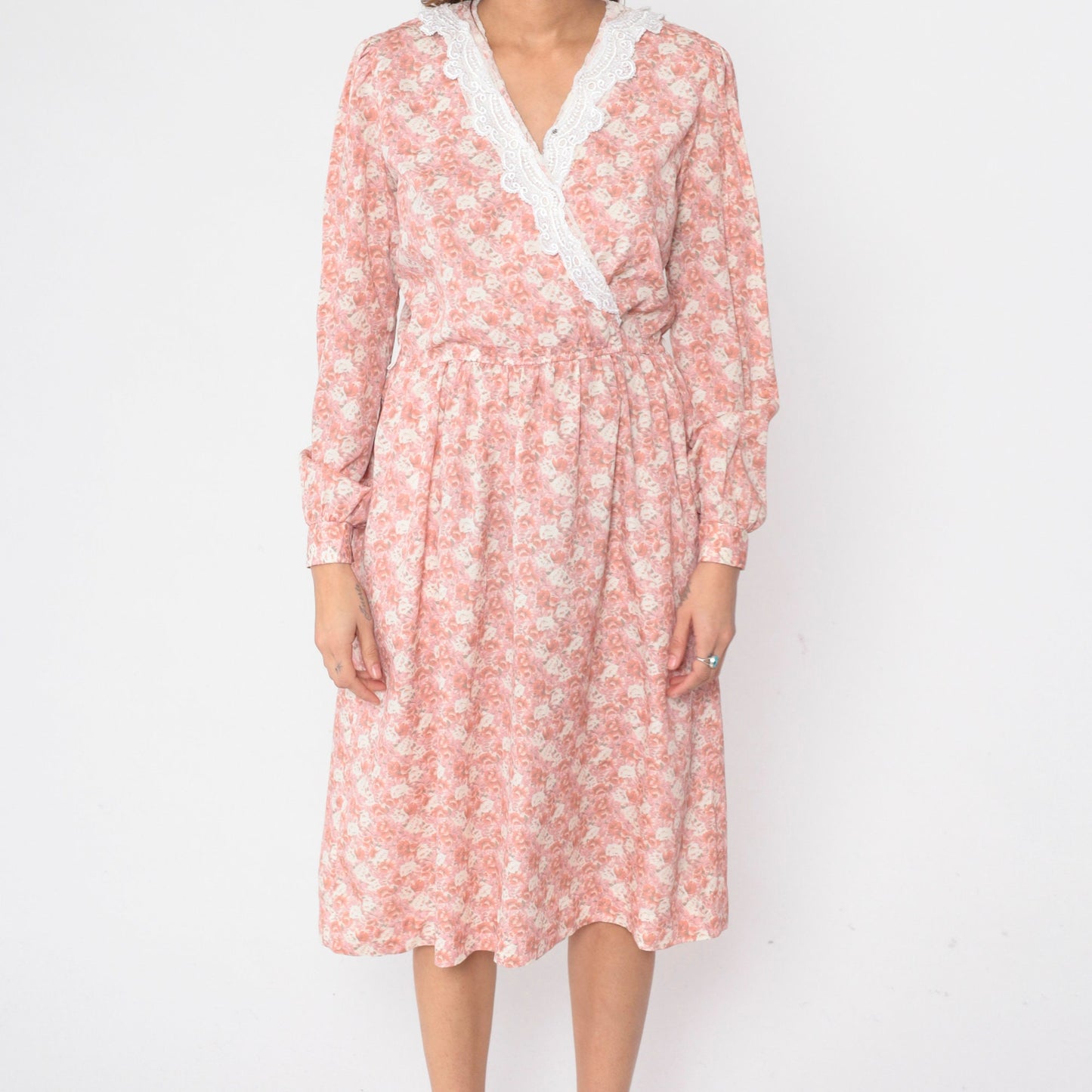 80s Floral Wrap Dress Pink V-Neck Midi Puff Sleeve High Waisted Small Medium