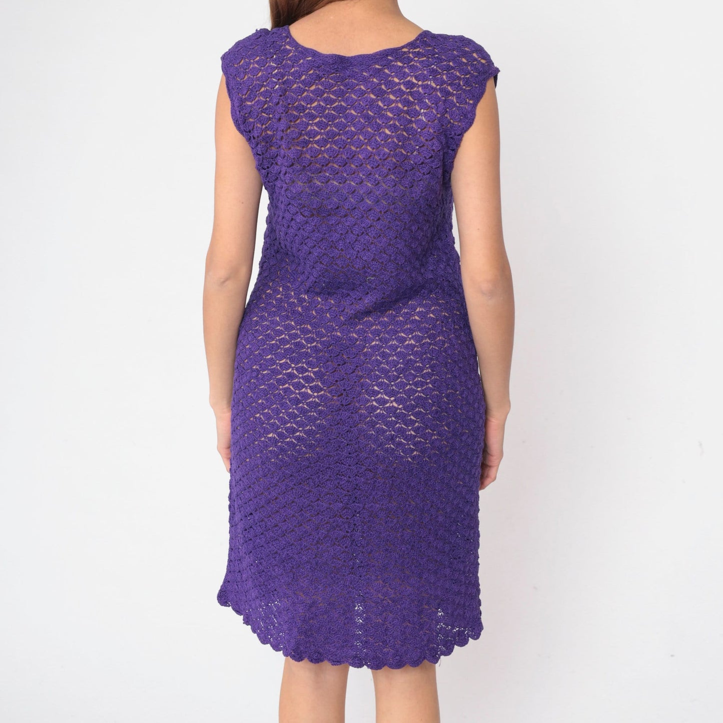 70s Purple Crochet Mini Dress Sheer Knit Shift Cut Cap Sleeve Small