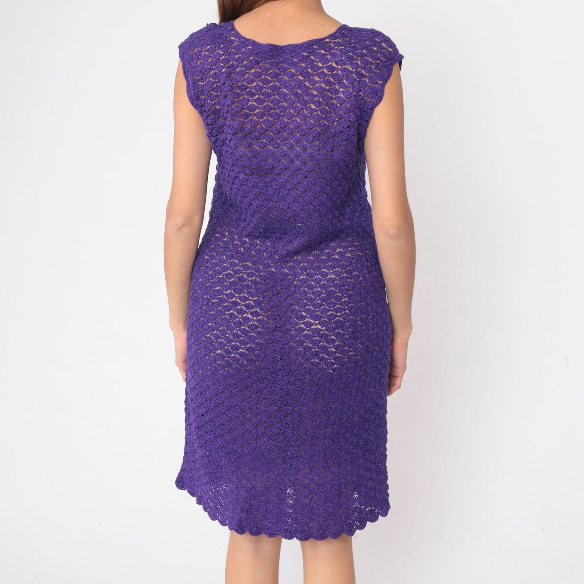 70s Purple Crochet Mini Dress Sheer Knit Shift Cut Cap Sleeve Small
