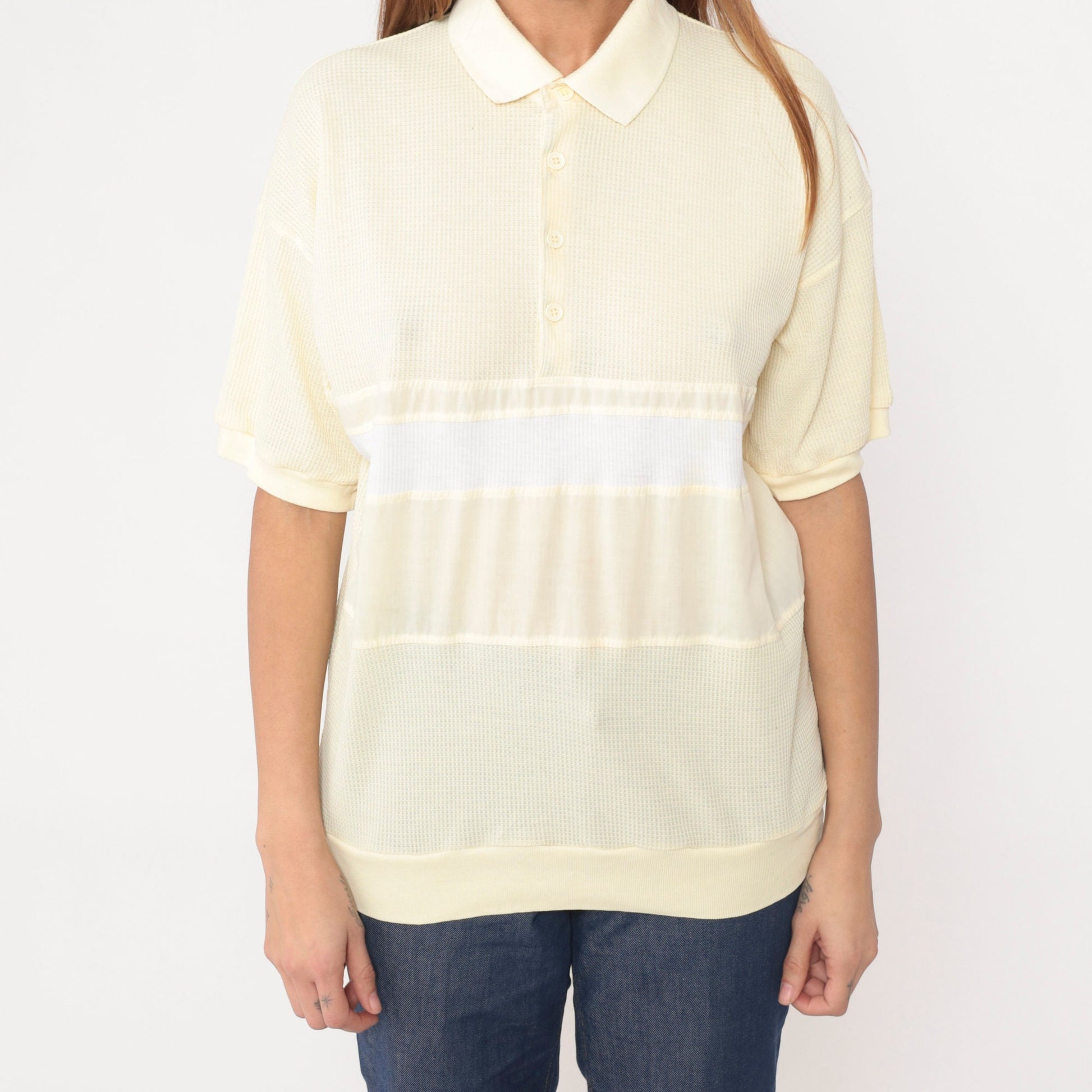 80s Onvoy Polo Shirt Light Yellow Waffle Knit White Stripe Large