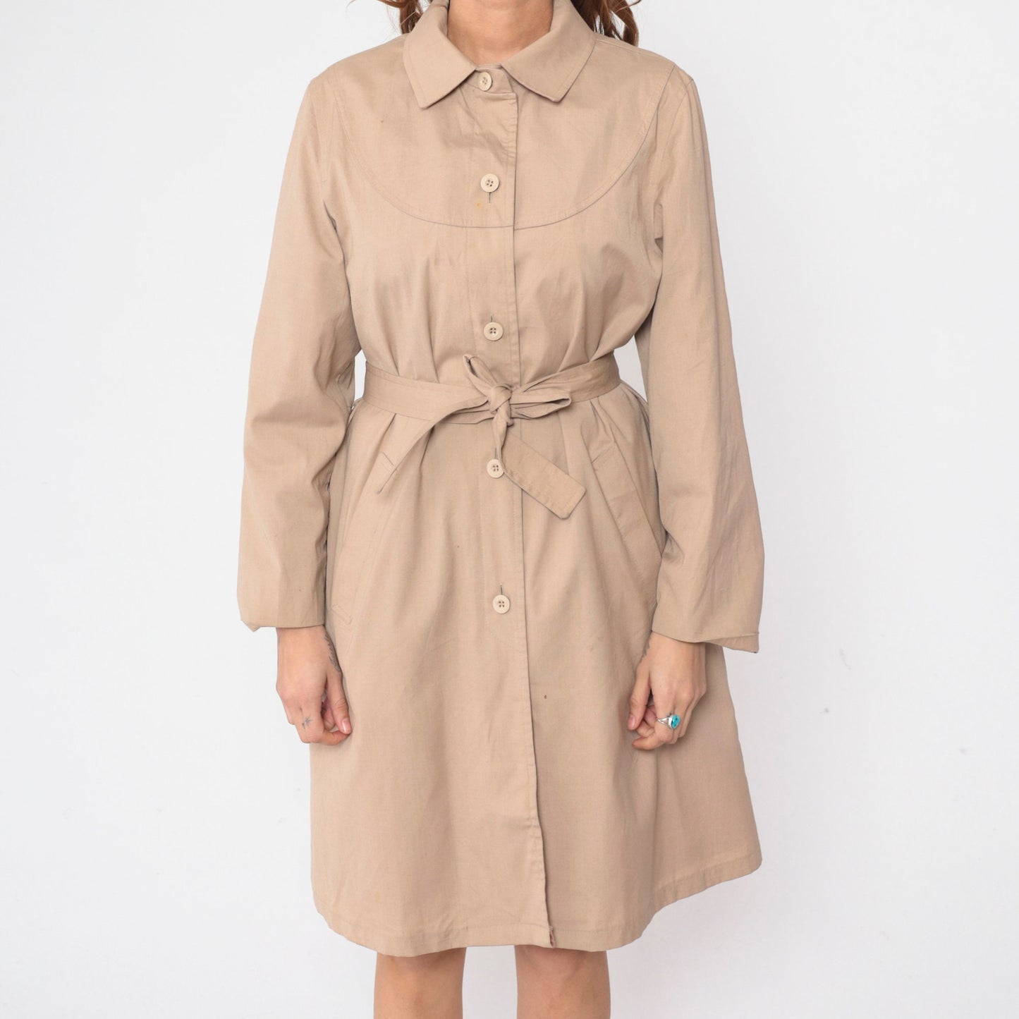 70s London Fog Trench Coat Khaki Button-Up Belted Midi Jacket Medium
