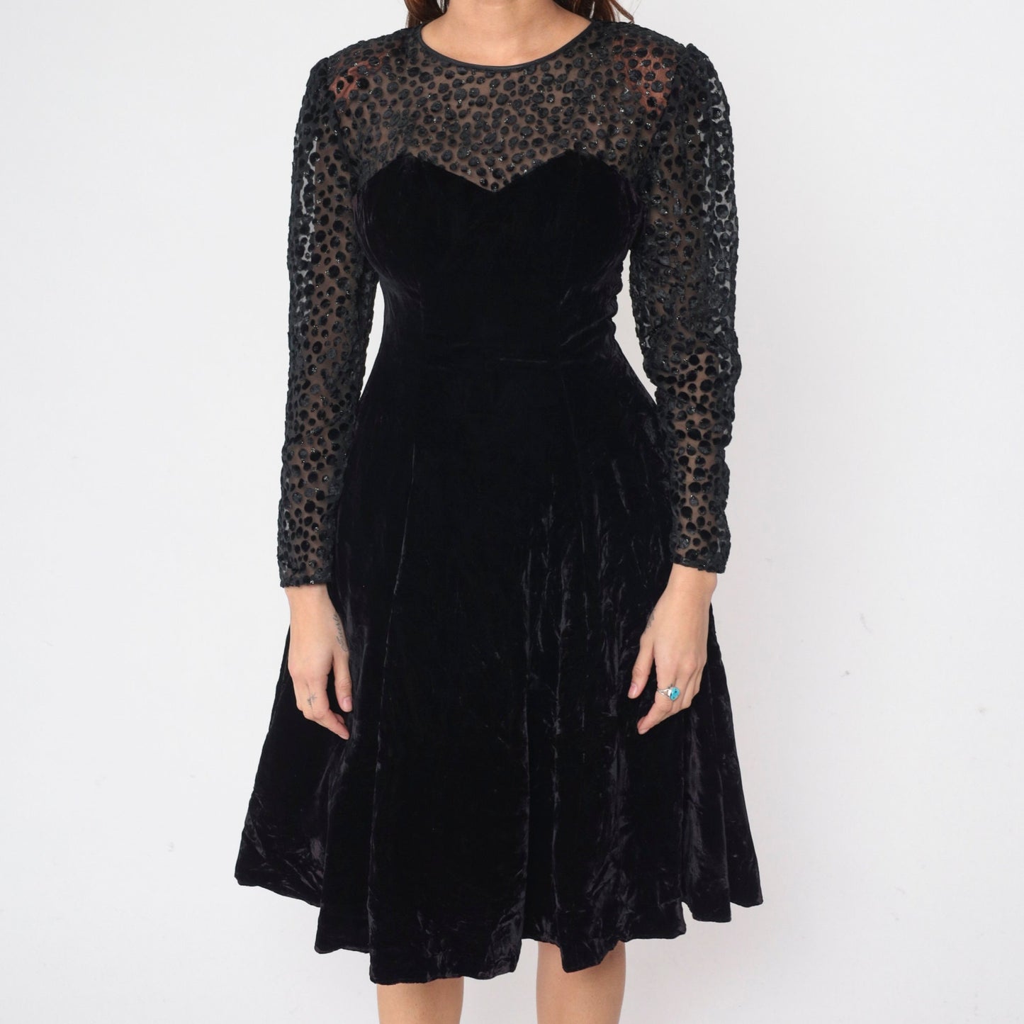 80s Black Velvet Party Dress Illusion Neckline Sparkly Sheer Small