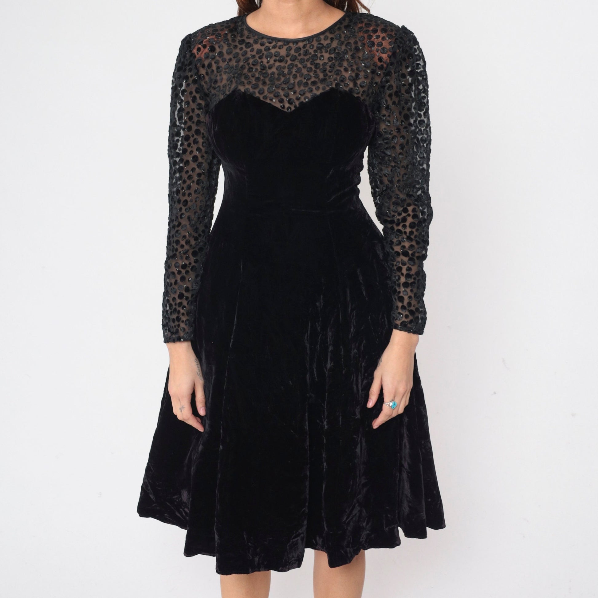 80s Black Velvet Party Dress Illusion Neckline Sparkly Sheer Small